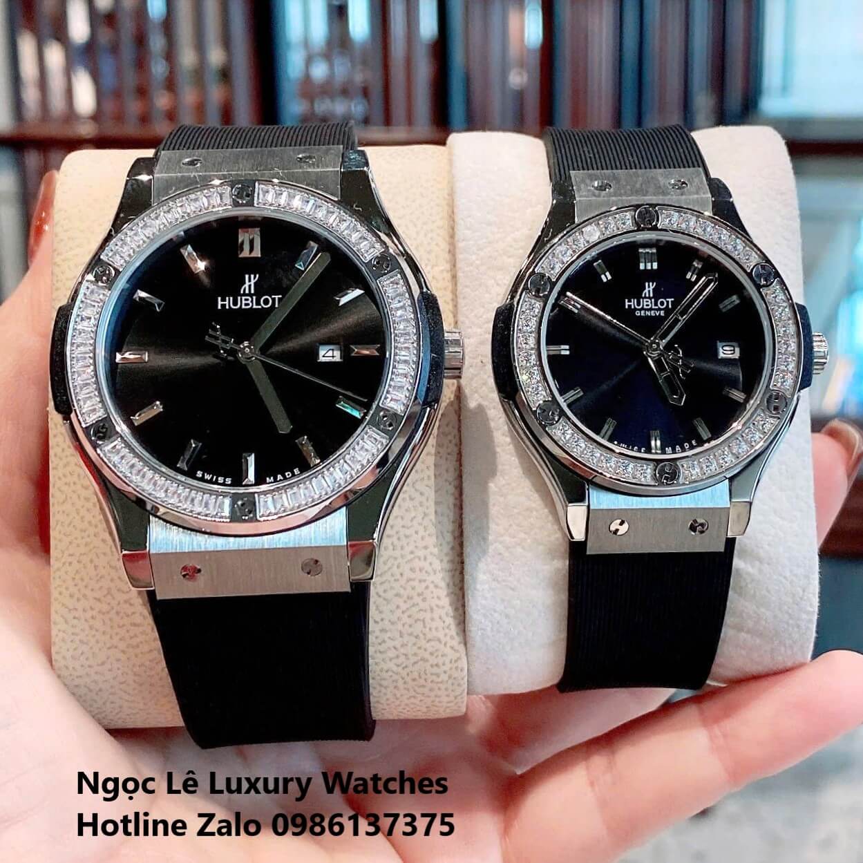 Đồng Hồ Cặp Hublot Classic Fusion Pin Dây Cao Su Đen Đính Đá Vỏ Bạc Size 41mm - 34mm