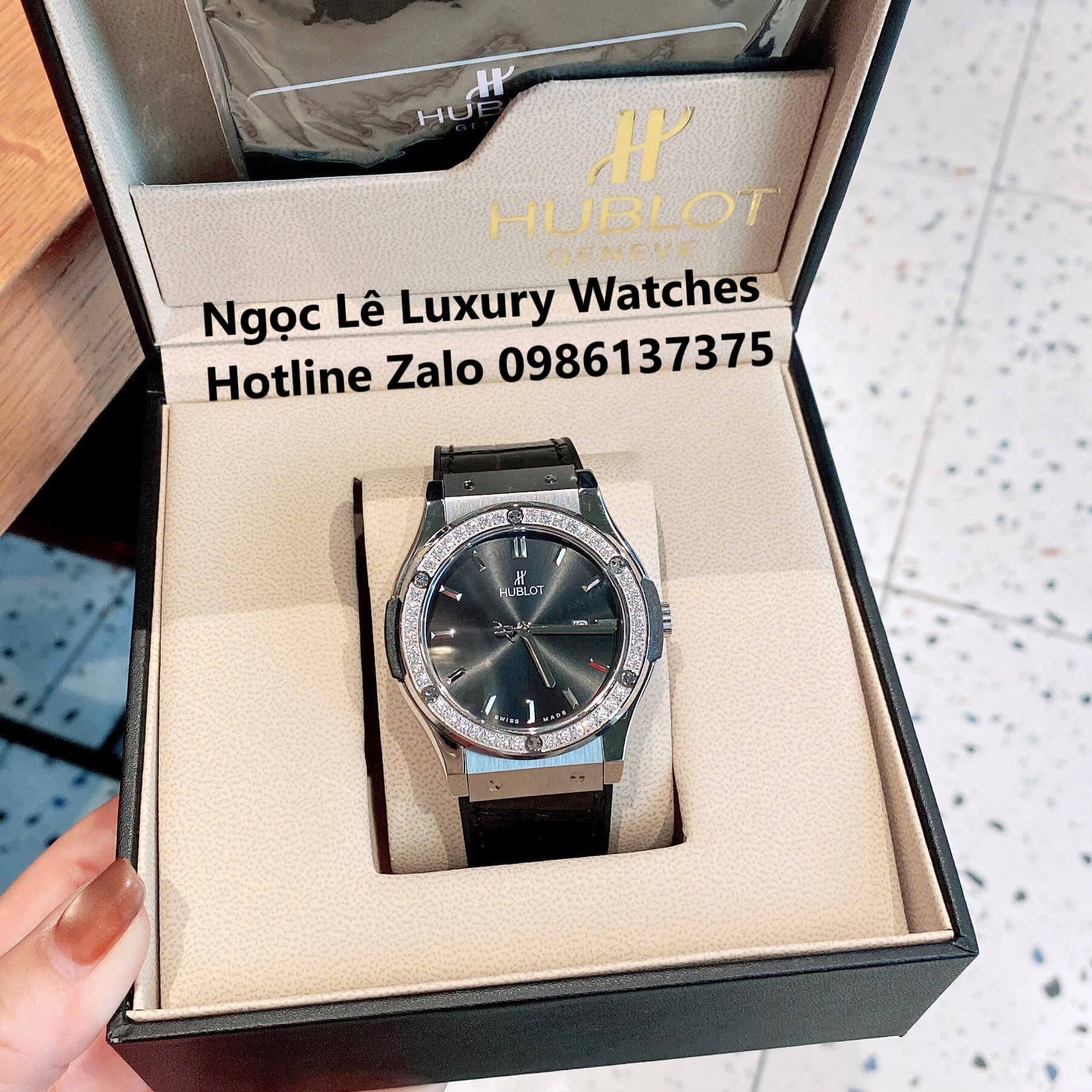 Đồng Hồ Cặp Hublot Classic Fusion Pin Màu Đen Đính Đá Vỏ Bạc Size 41mm - 34mm