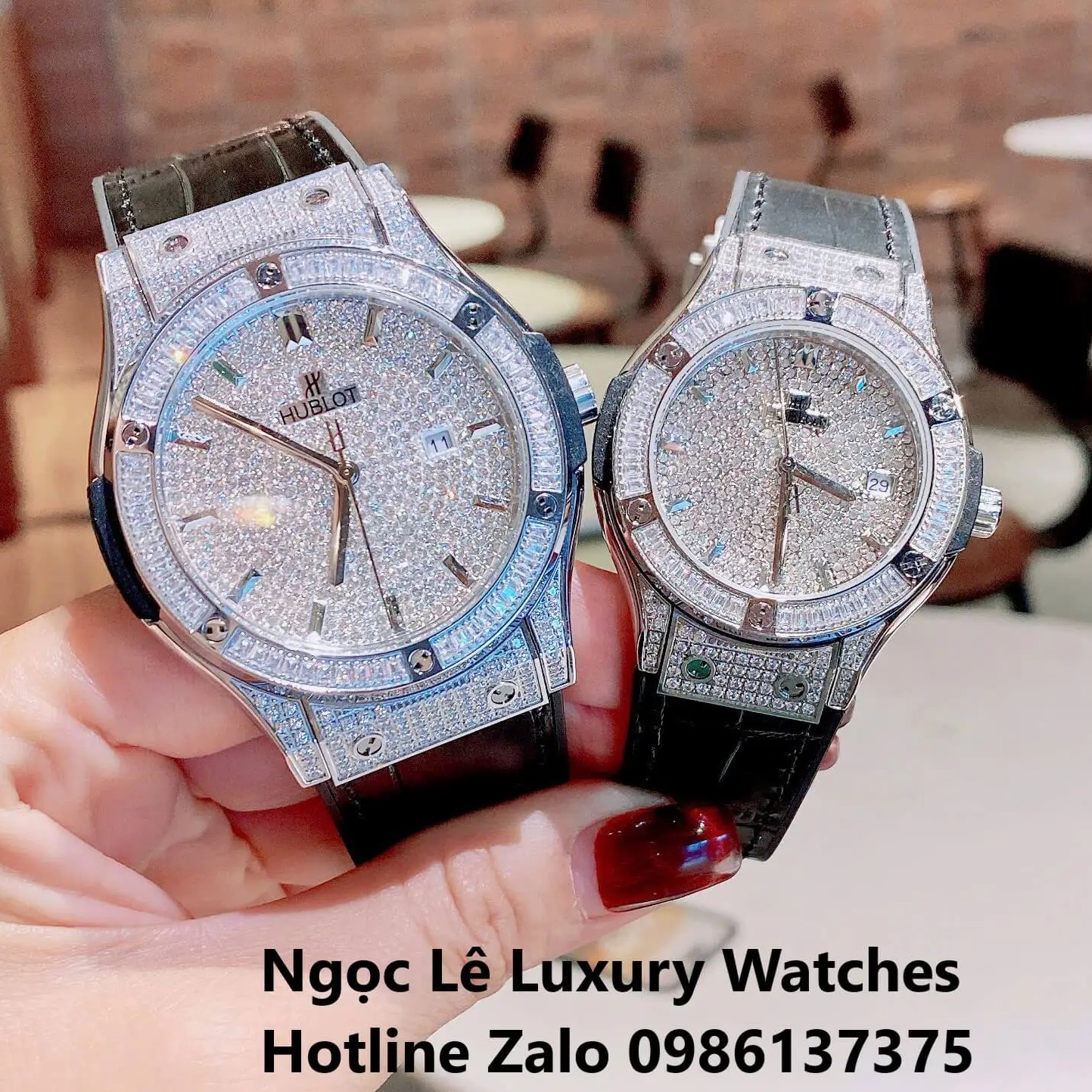 Đồng Hồ Cặp Hublot Classic Fusion Pin Màu Đen Đính Đá Vỏ Bạc Size 41mm - 34mm