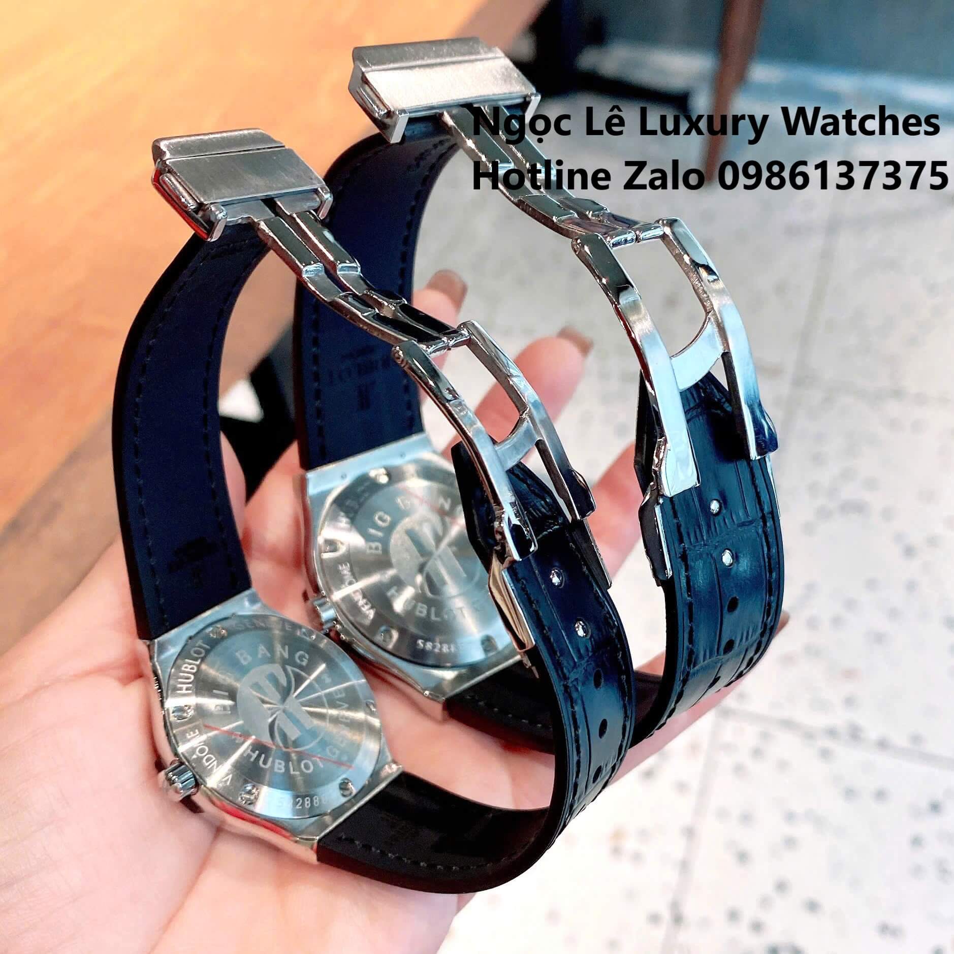Đồng Hồ Cặp Hublot Classic Fusion Pin Màu Đen Đính Đá Vỏ Bạc Size 41mm - 34mm