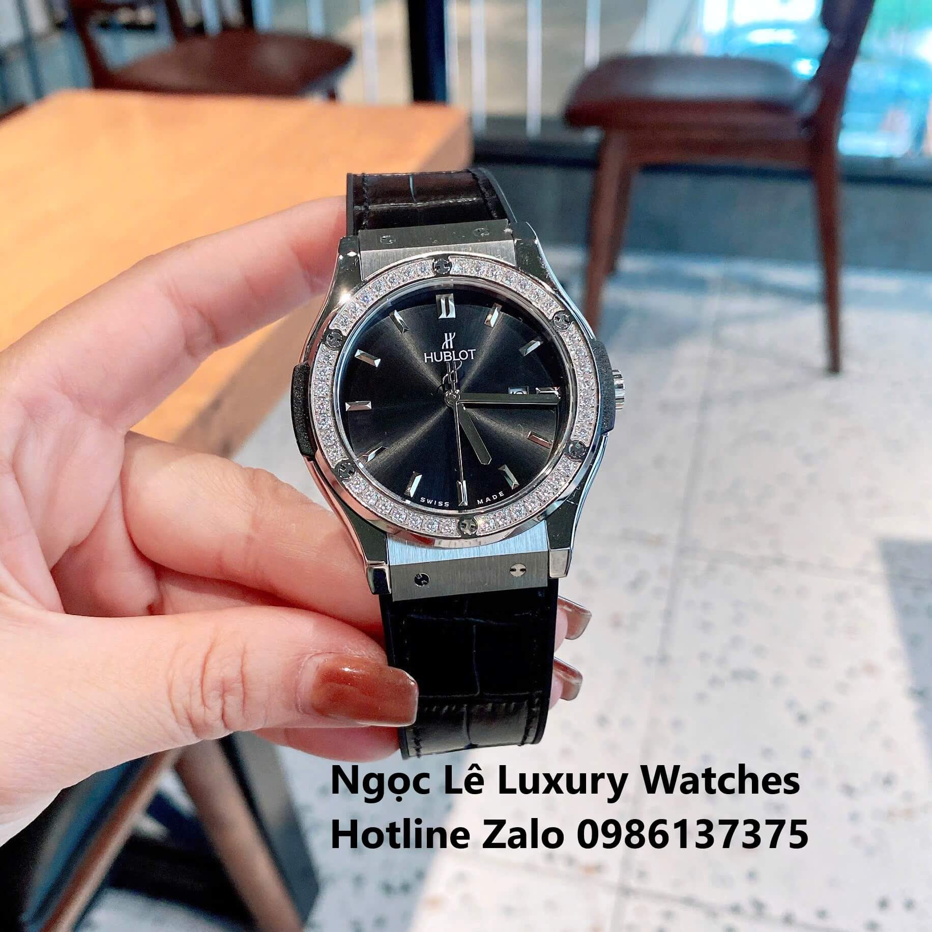 Đồng Hồ Cặp Hublot Classic Fusion Pin Màu Đen Đính Đá Vỏ Bạc Size 41mm - 34mm