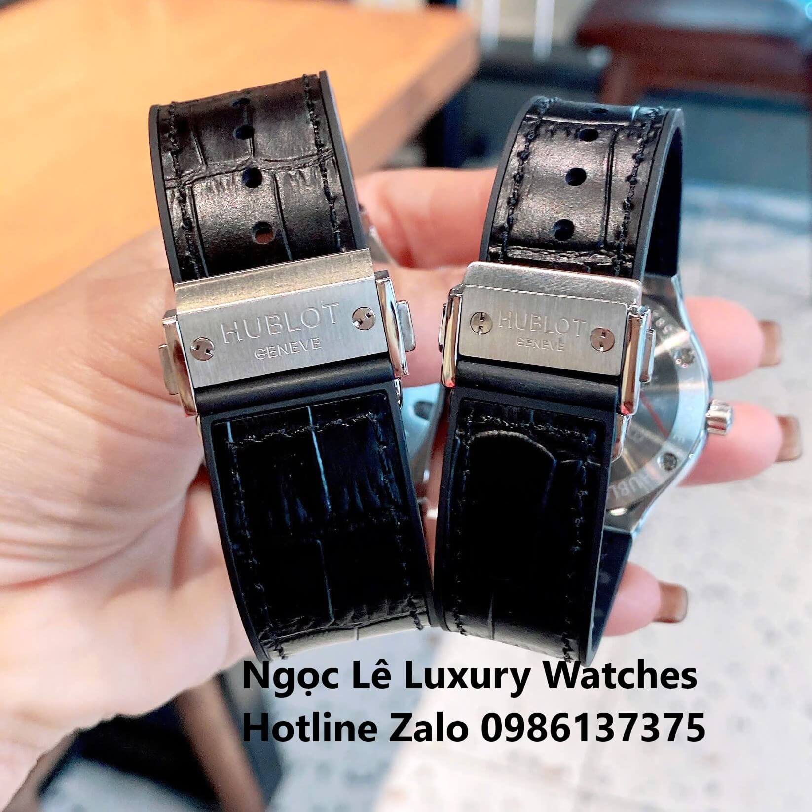 Đồng Hồ Cặp Hublot Classic Fusion Pin Màu Đen Đính Đá Vỏ Bạc Size 41mm - 34mm