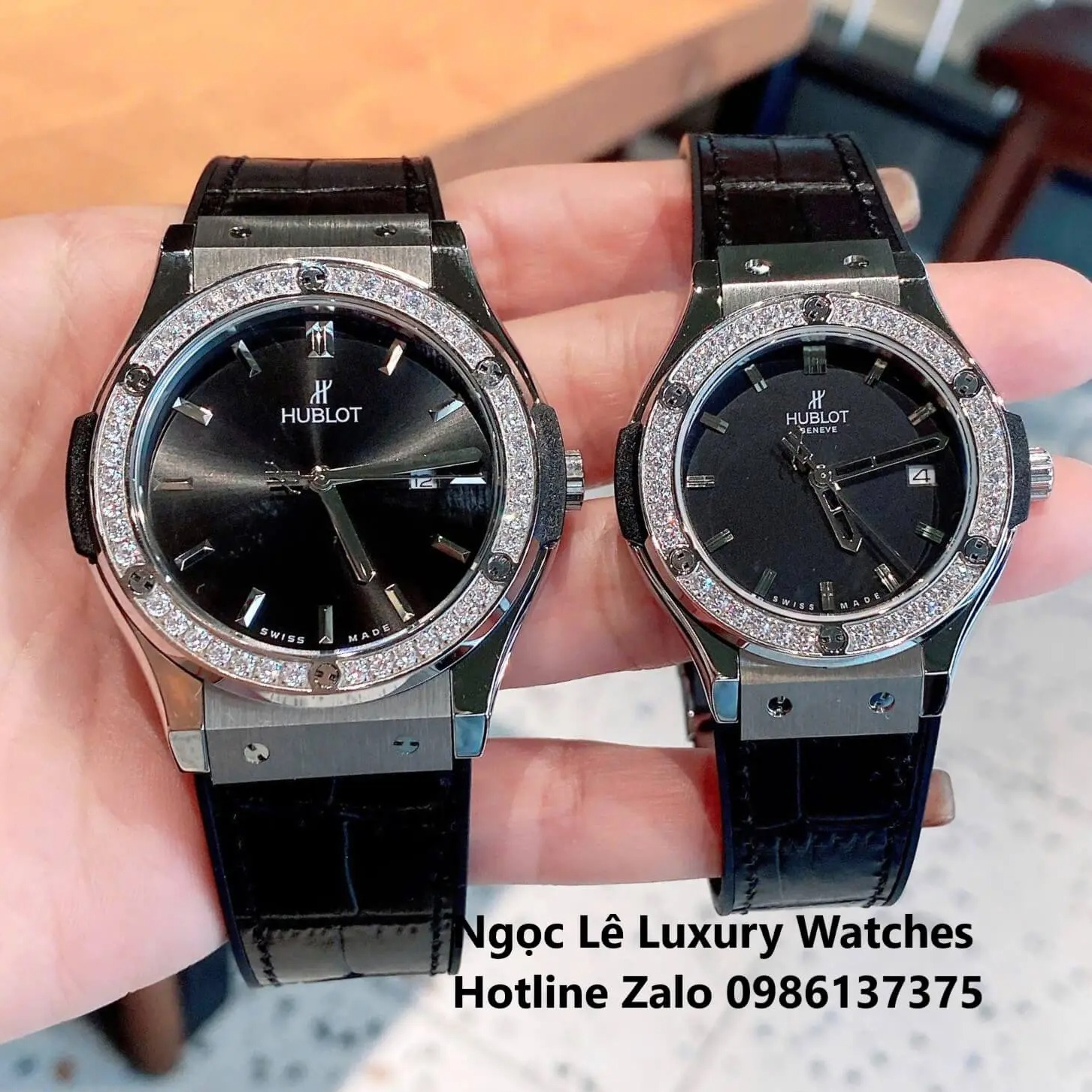 Đồng Hồ Cặp Hublot Classic Fusion Pin Màu Đen Đính Đá Vỏ Bạc Size 41mm - 34mm
