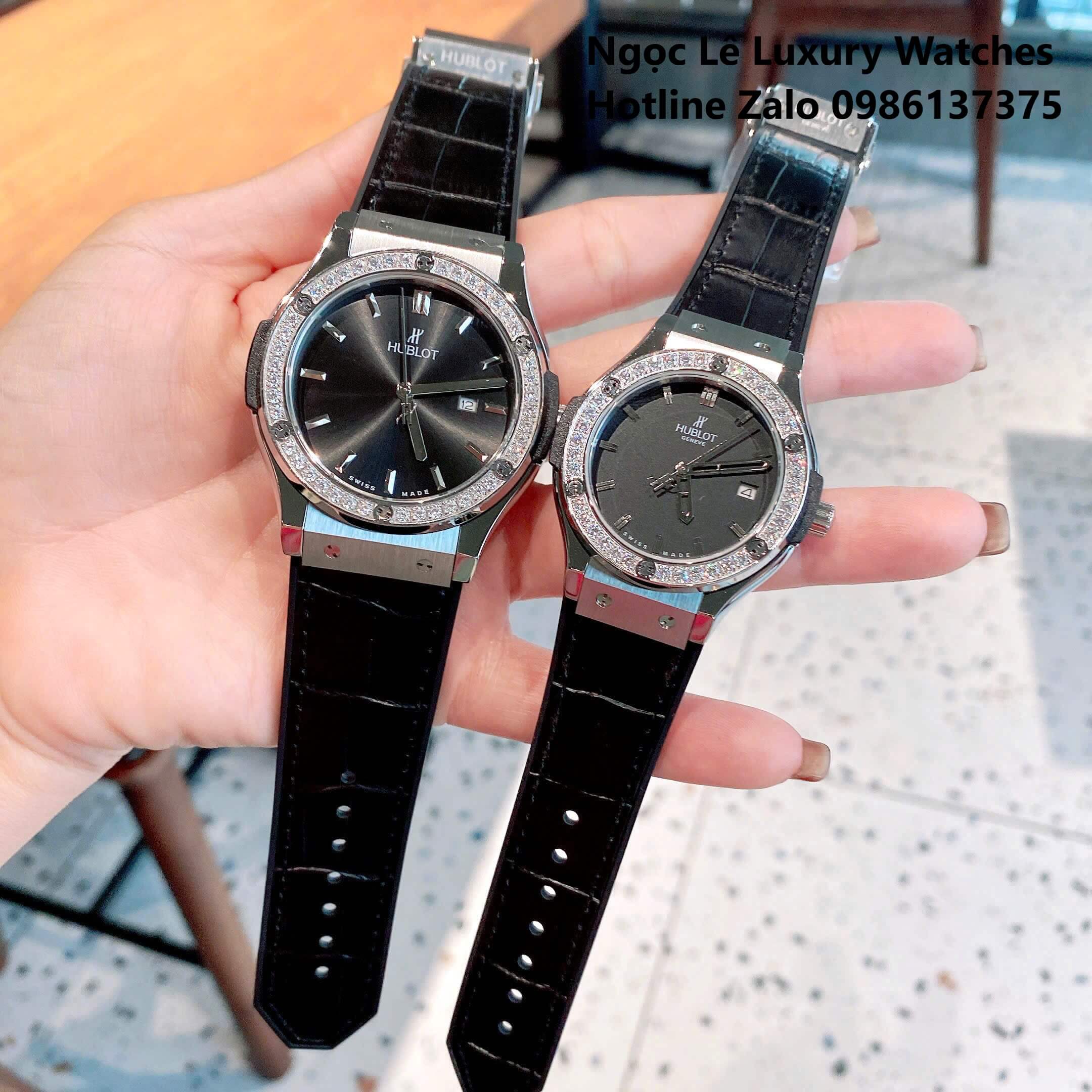 Đồng Hồ Cặp Hublot Classic Fusion Pin Màu Đen Đính Đá Vỏ Bạc Size 41mm - 34mm