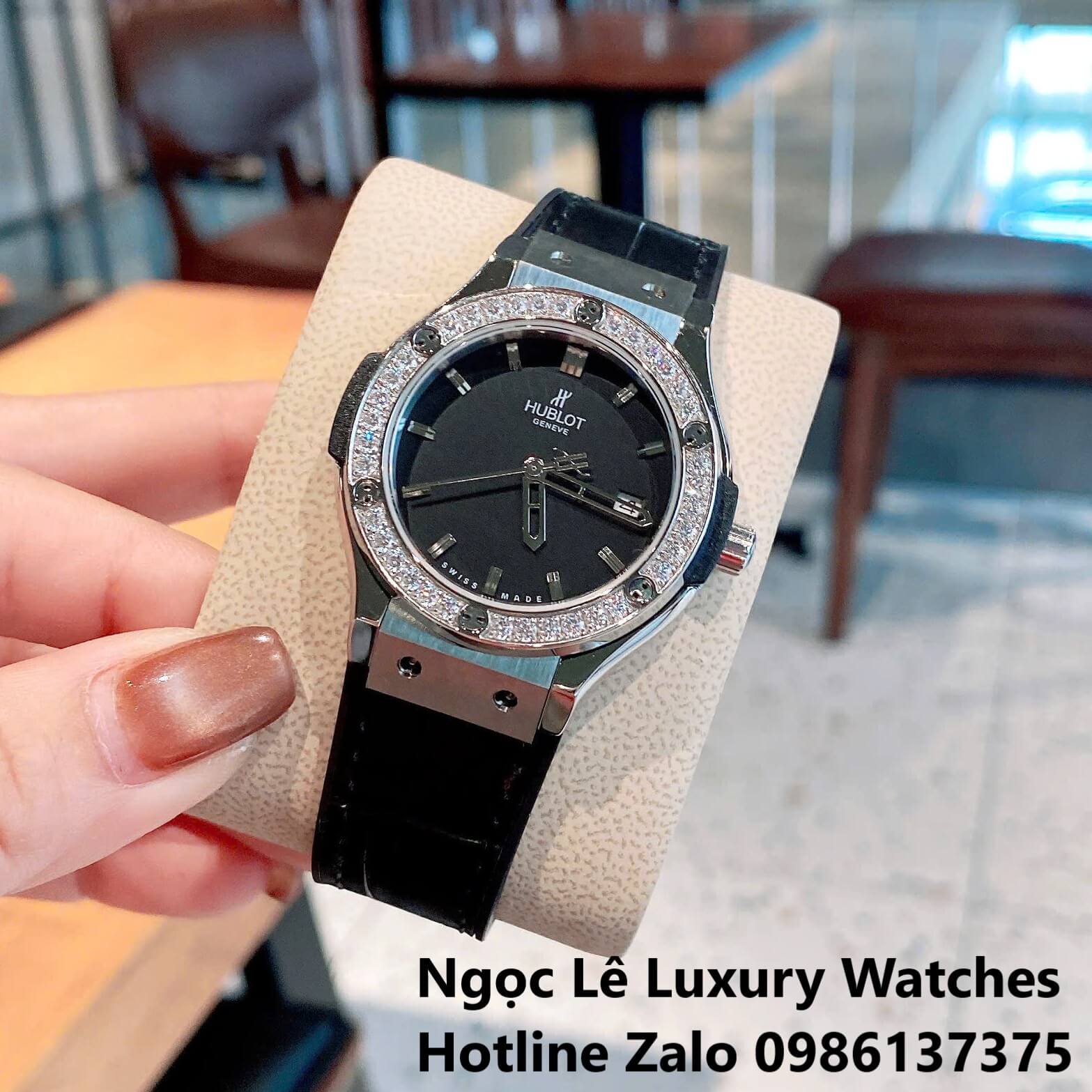 Đồng Hồ Cặp Hublot Classic Fusion Pin Màu Đen Đính Đá Vỏ Bạc Size 41mm - 34mm