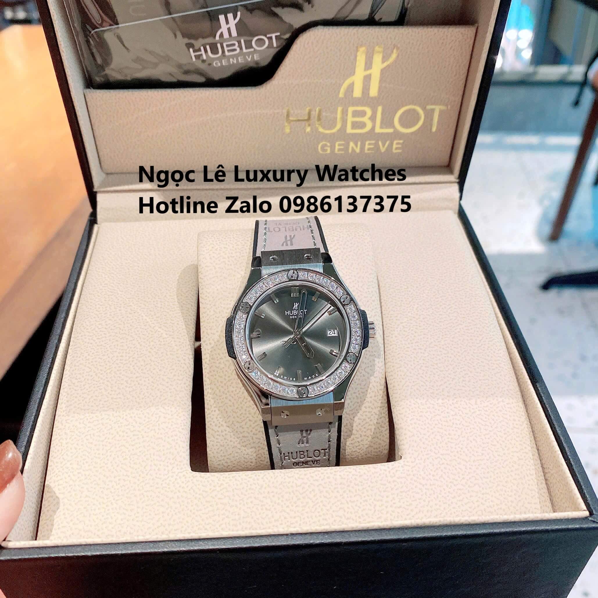 Đồng Hồ Cặp Hublot Classic Fusion Pin Màu Xám Đính Đá Vỏ Bạc Size 41mm - 34mm