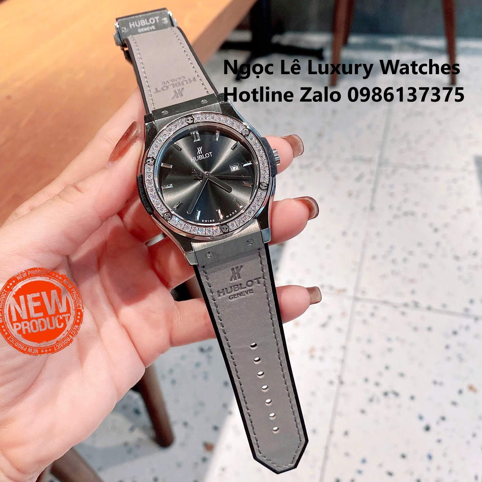 Đồng Hồ Cặp Hublot Classic Fusion Pin Màu Xám Đính Đá Vỏ Bạc Size 41mm - 34mm
