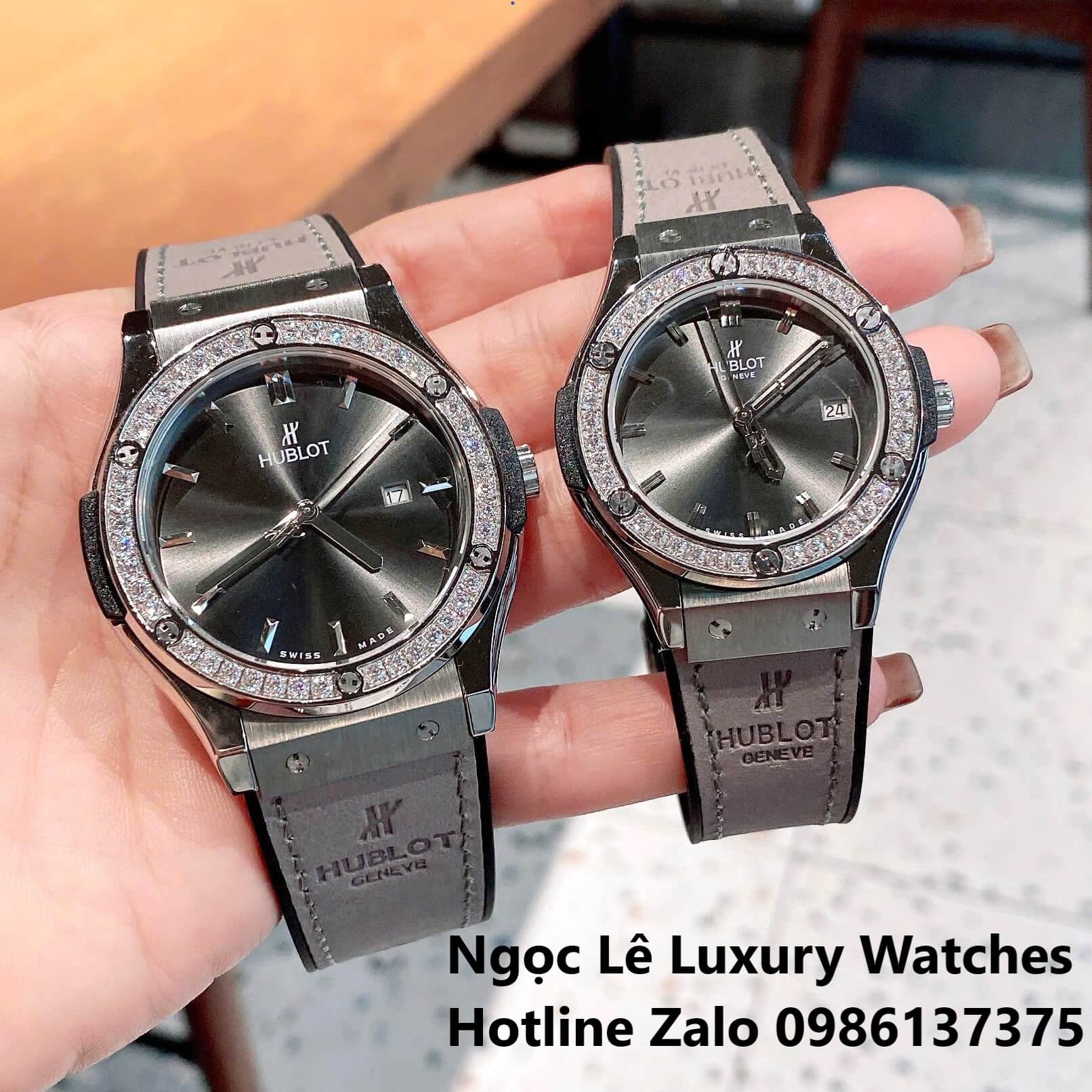 Đồng Hồ Cặp Hublot Classic Fusion Pin Màu Xám Đính Đá Vỏ Bạc Size 41mm - 34mm