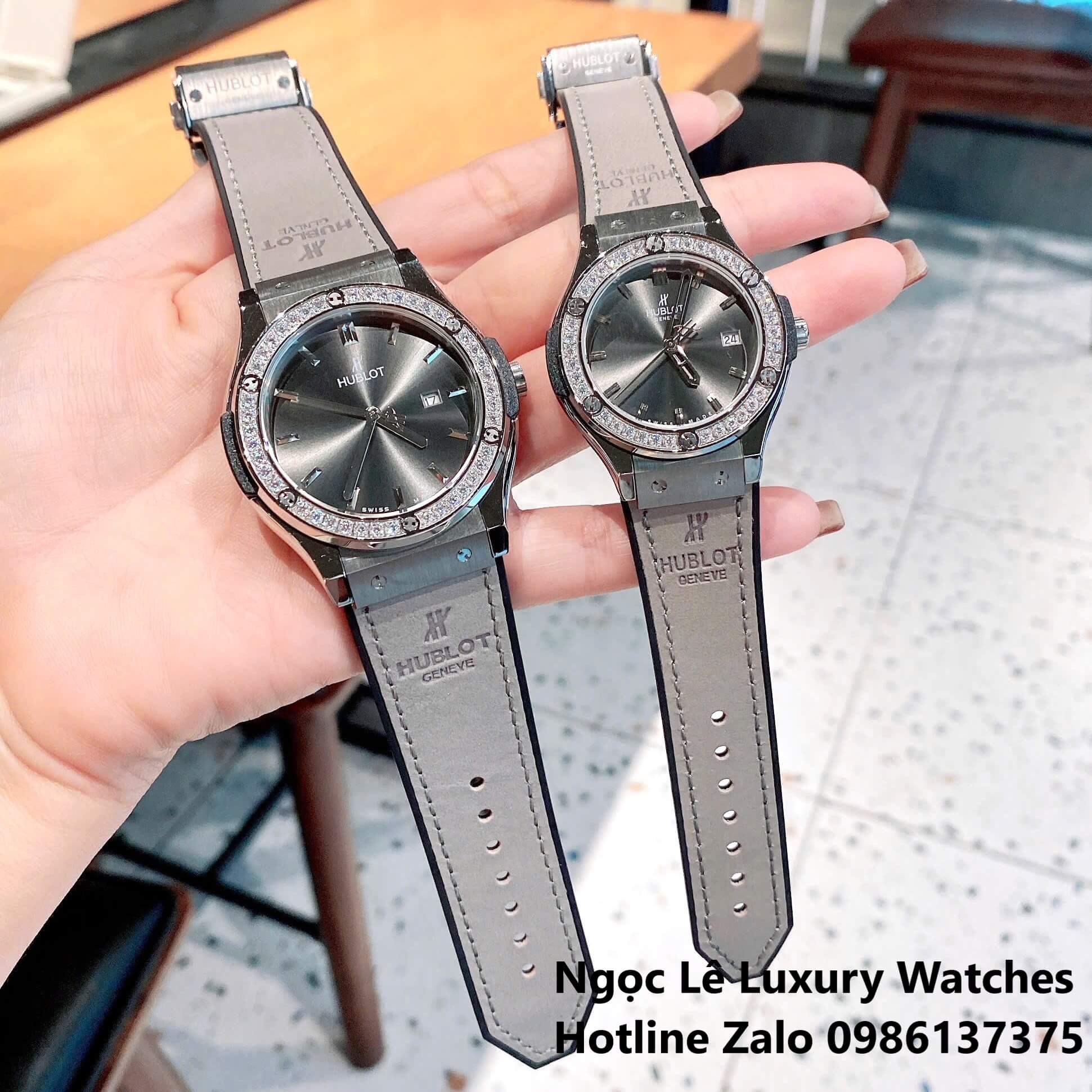 Đồng Hồ Cặp Hublot Classic Fusion Pin Màu Xám Đính Đá Vỏ Bạc Size 41mm - 34mm