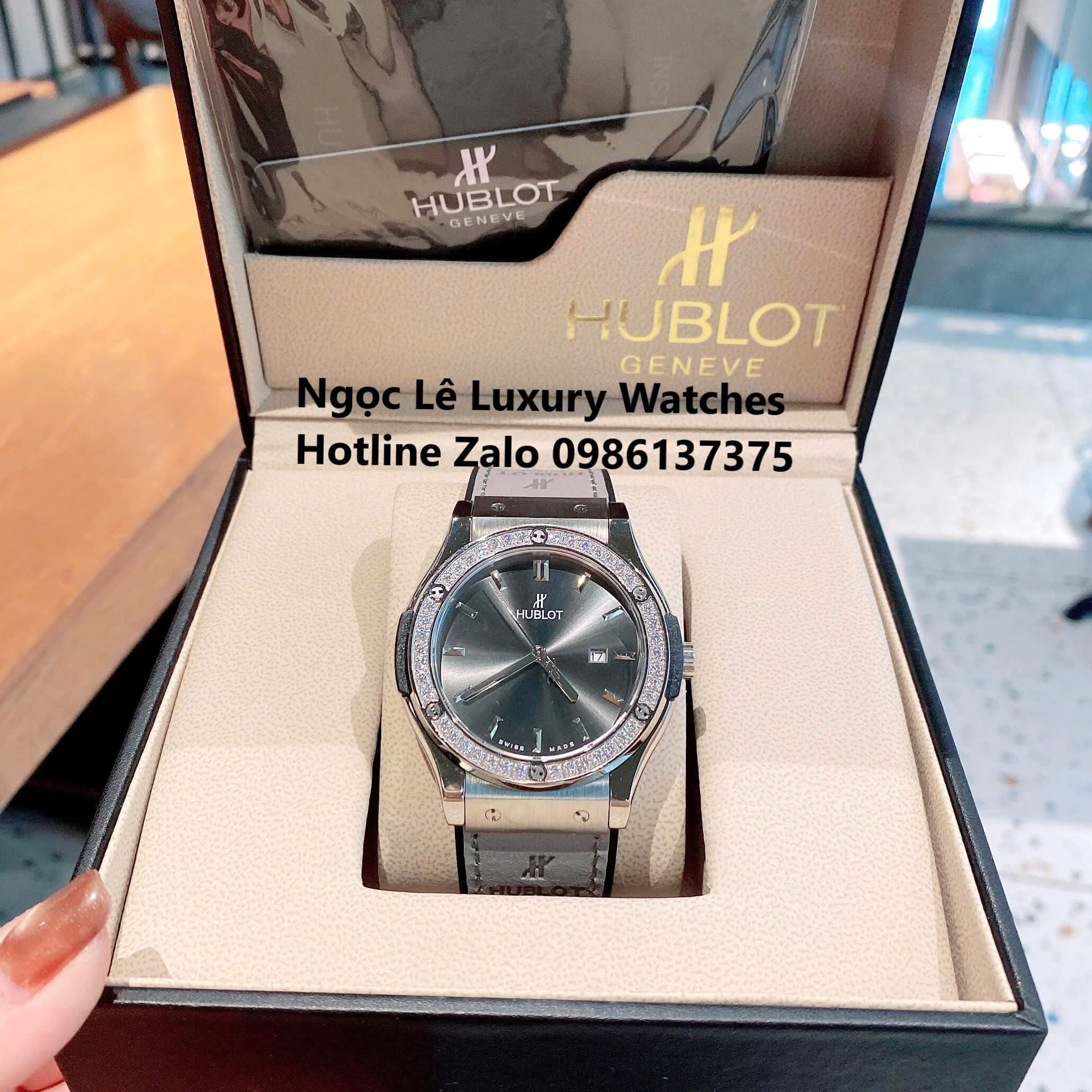 Đồng Hồ Cặp Hublot Classic Fusion Pin Màu Xám Đính Đá Vỏ Bạc Size 41mm - 34mm