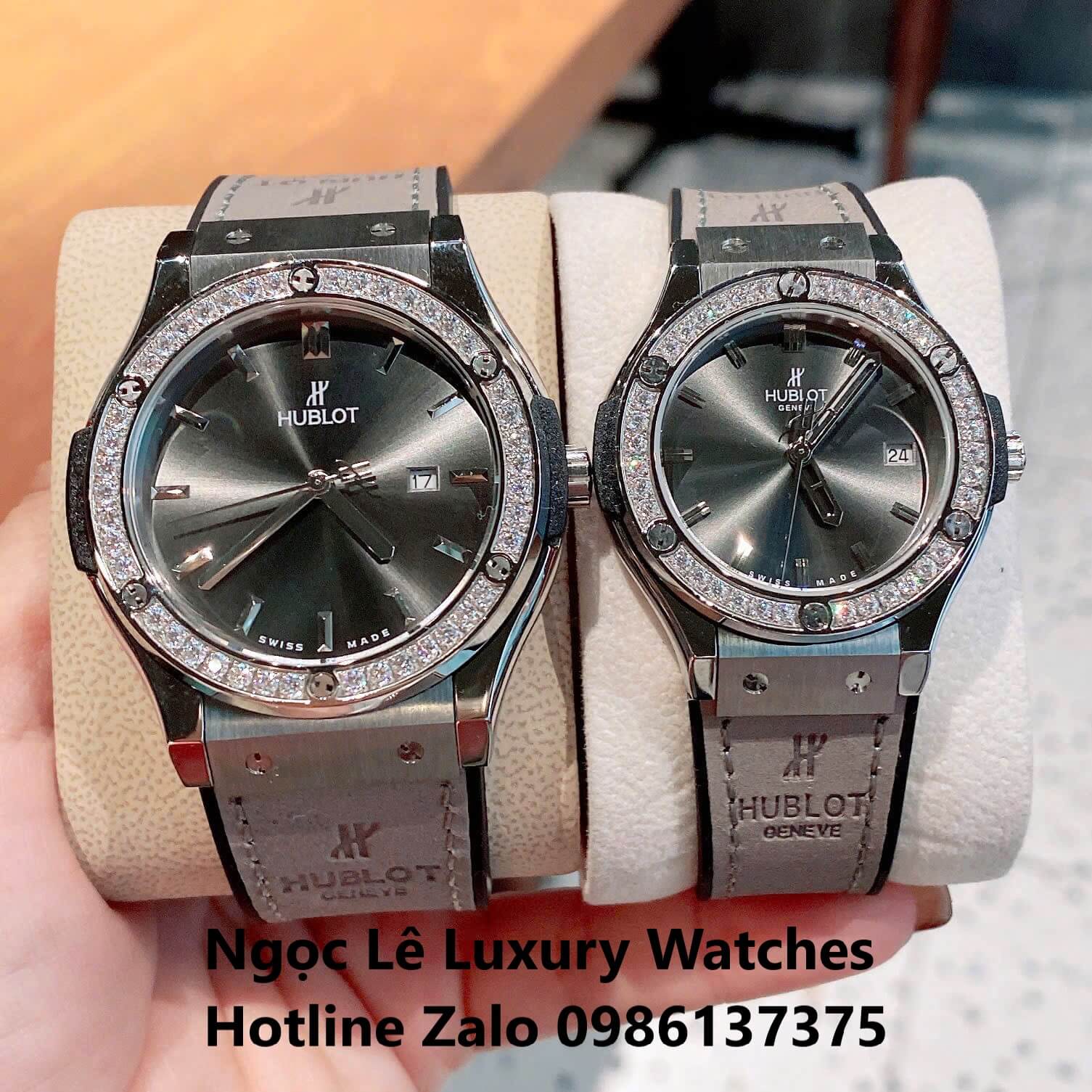 Đồng Hồ Cặp Hublot Classic Fusion Pin Màu Xám Đính Đá Vỏ Bạc Size 41mm - 34mm
