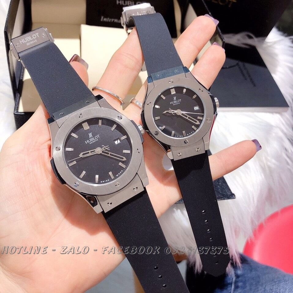 Đồng Hồ Hublot Cặp Dây Silicon Đen Mặt Đen 42mm - 34mm