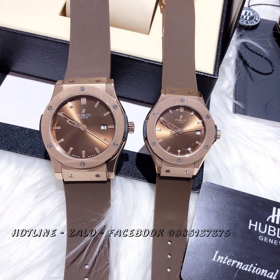 Đồng Hồ Hublot Cặp Dây Silicon Nâu 42mm - 34mm