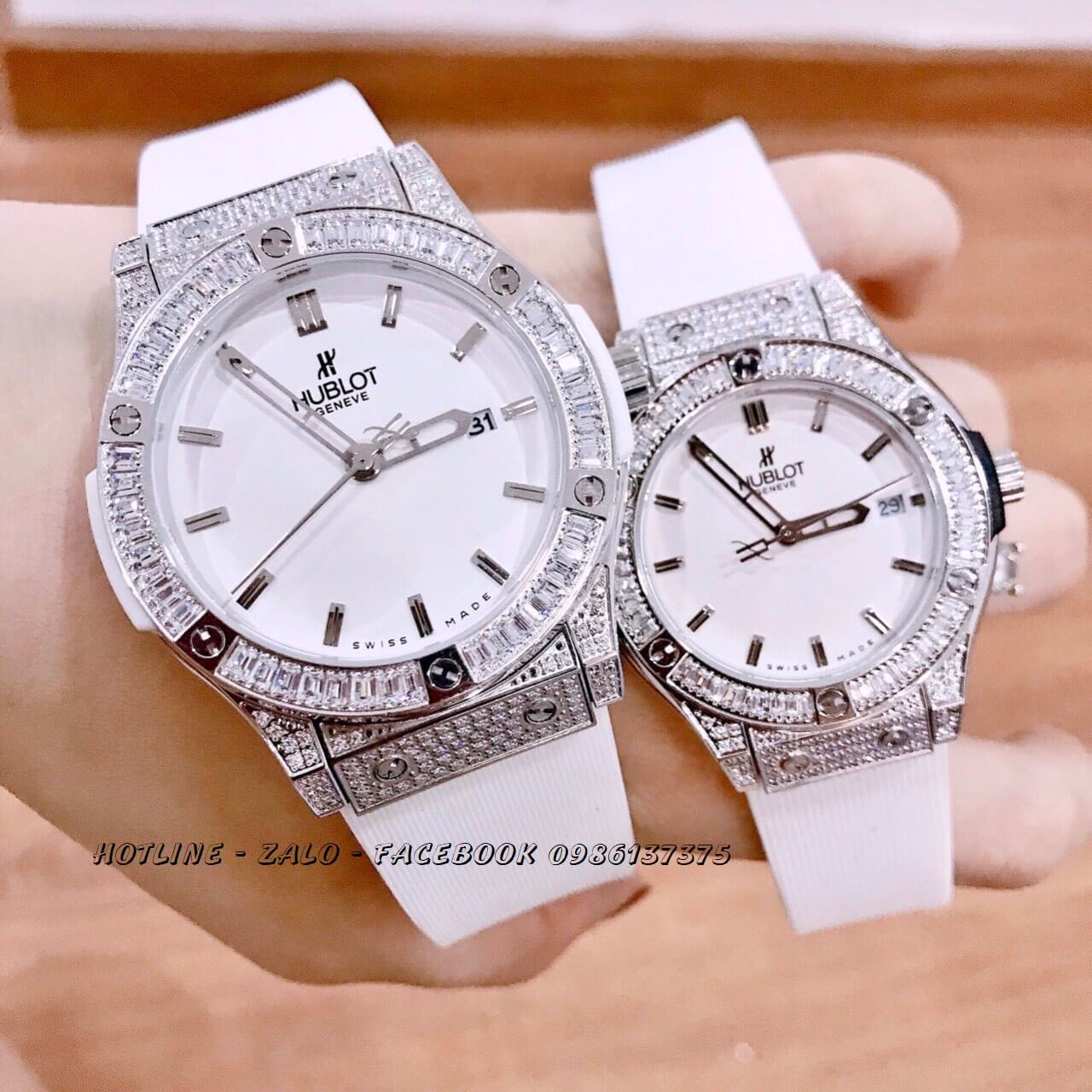 Đồng Hồ Hublot Cặp Dây Silicon Trắng Đính Đá Silver