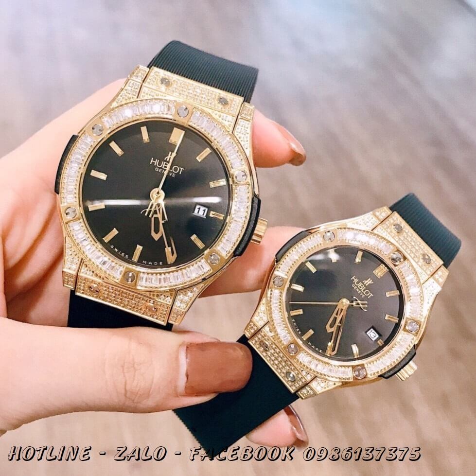 Đồng Hồ Hublot Cặp Dây Silicon Đen Đính Đá Gold