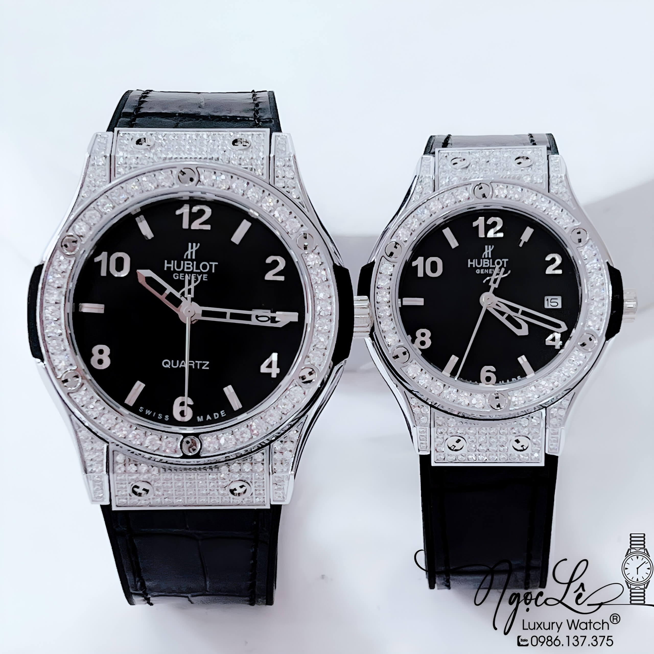 Đồng Hồ Cặp Hublot Classic Fusion Quartz Dây Da Silicon Đen Đính Đá Tròn Silver 41mm - 34mm