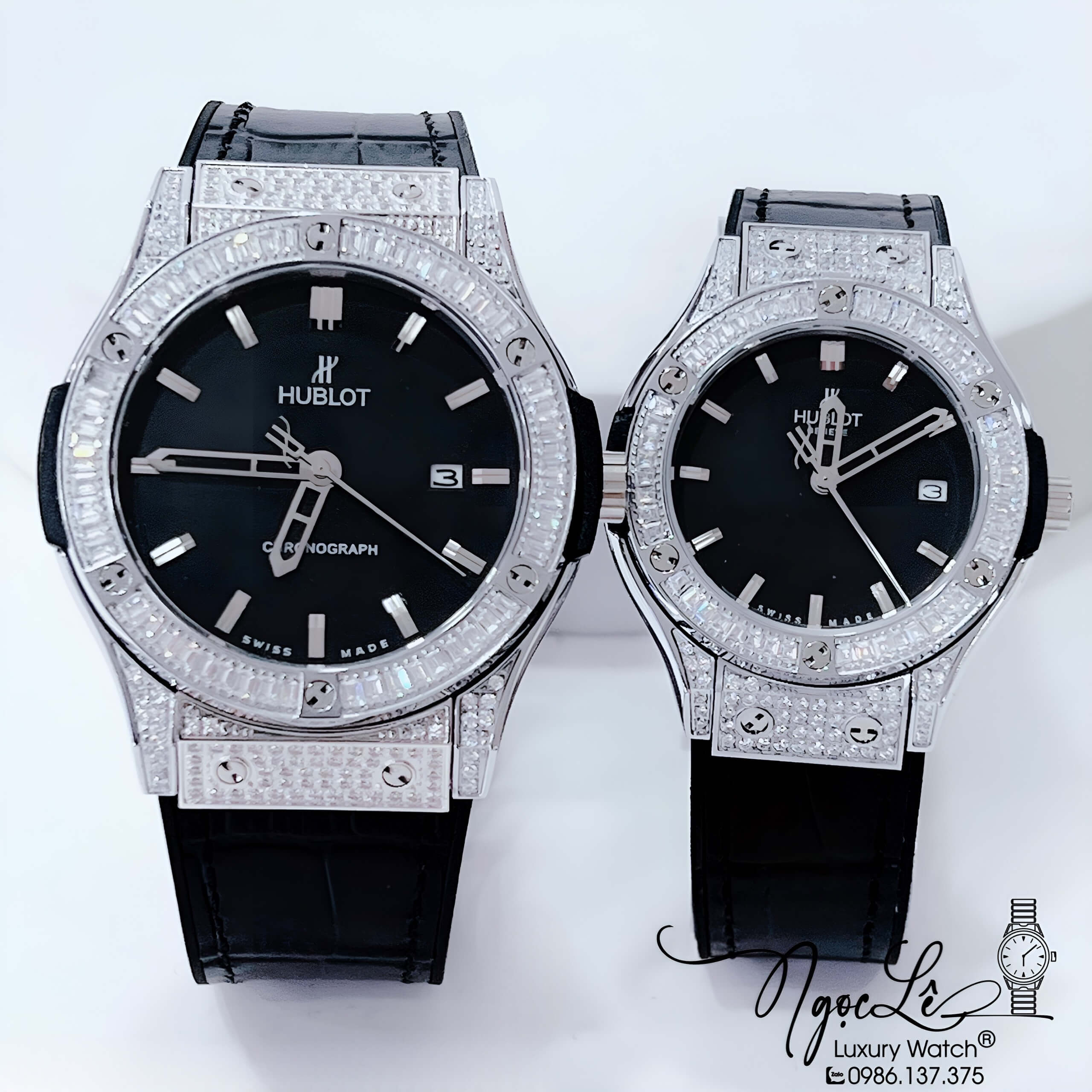 Đồng Hồ Cặp Hublot Classic Fusion Quartz Dây Da Silicon Đen Đính Đá Ống Silver 41mm - 34mm