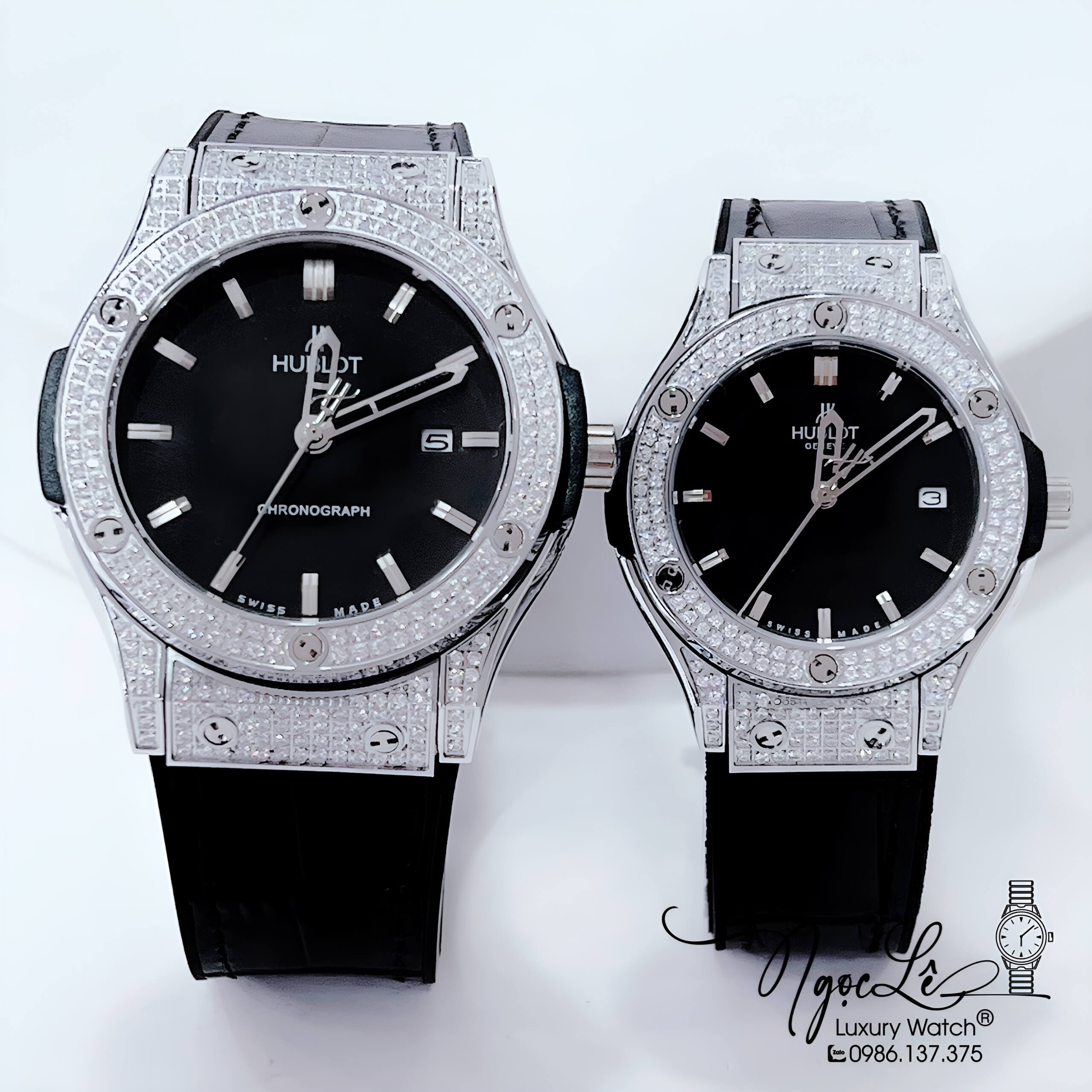 Đồng Hồ Cặp Hublot Classic Fusion Quartz Dây Da Silicon Đen Đính Đá Mịn Silver 41mm - 34mm