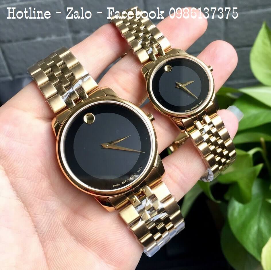 Đồng Hồ Cặp Movado Museum Classic Vàng Mặt Đen 40mm - 28mm