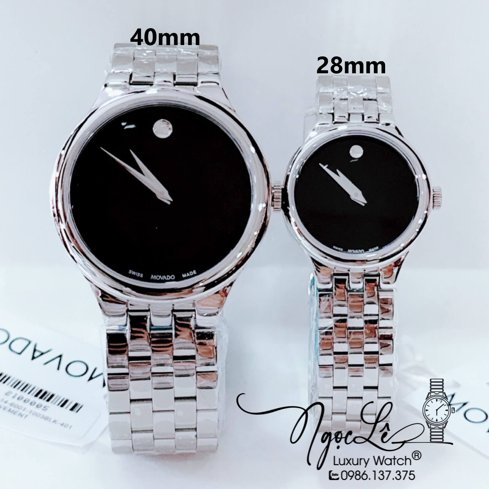 Đồng Hồ Cặp Movado Cao Cấp Dây Kim Loại Bạc Mặt Đen 40mm - 28mm