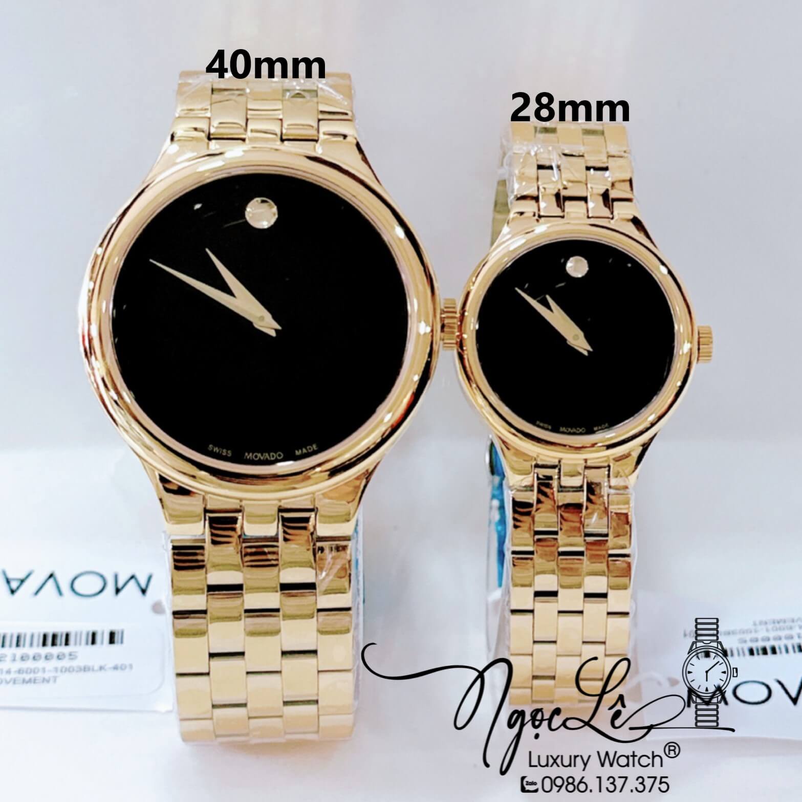 Đồng Hồ Cặp Movado Cao Cấp Dây Kim Loại Vàng Mặt Đen 40mm 28mm