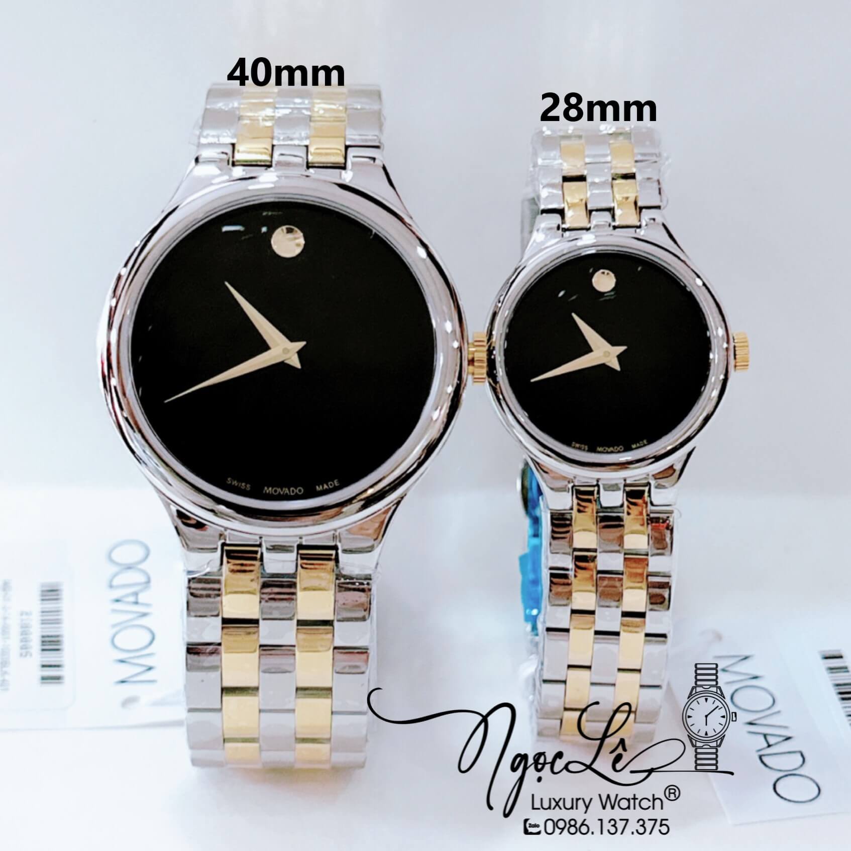 Đồng Hồ Cặp Movado Cao Cấp Dây Kim Loại Demi Vàng Mặt Đen 40mm - 28mm