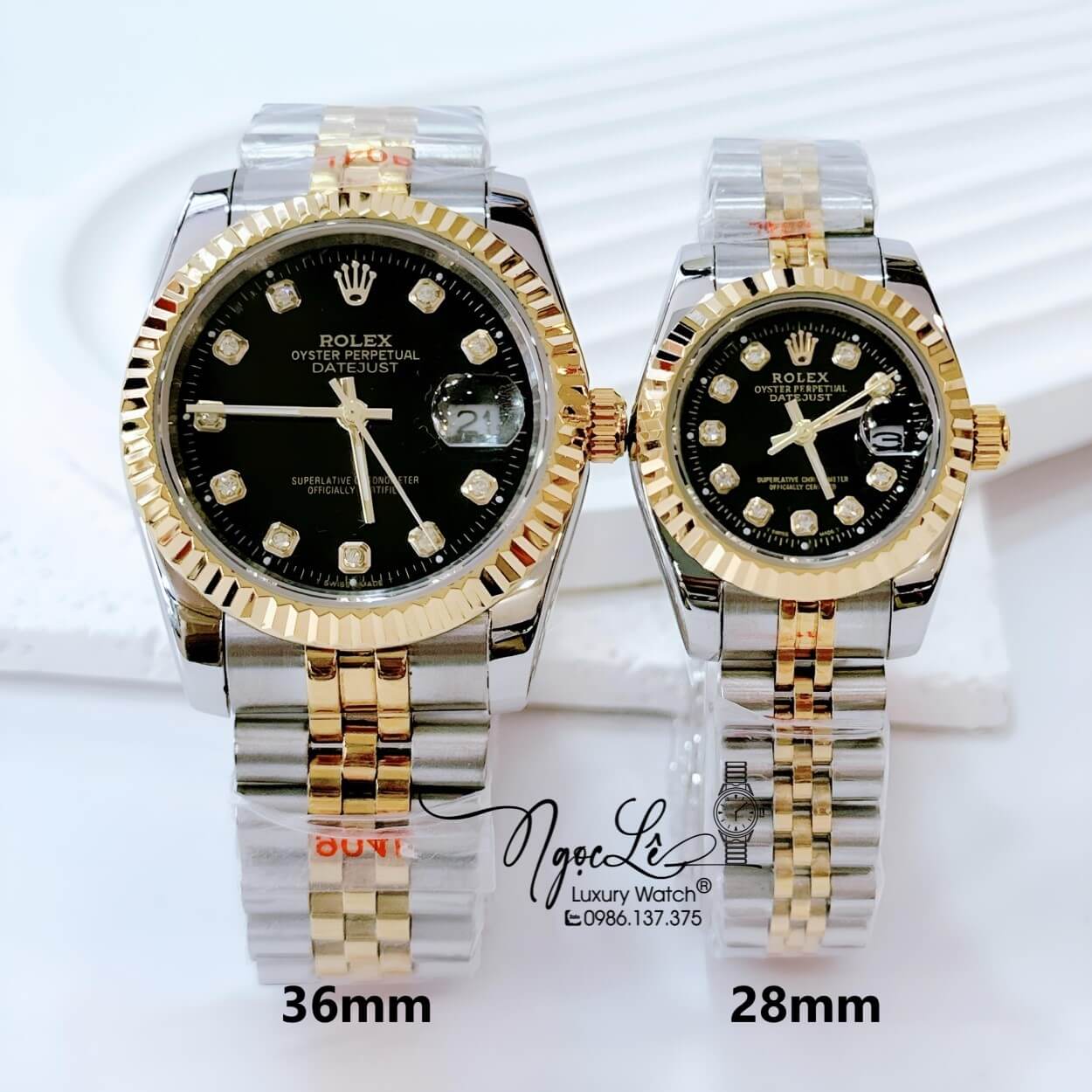 Đồng Hồ Cặp Rolex Datejust Pin Dây Kim Loại Demi Vàng Mặt Đen Size 36mm -28mm