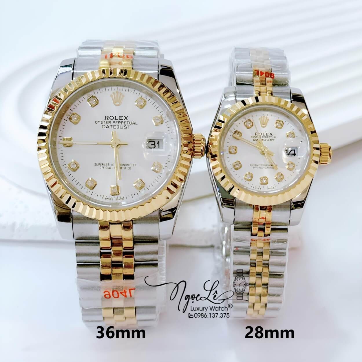 Đồng Hồ Cặp Rolex Datejust Pin Dây Kim Loại Demi Vàng Mặt Trắng Size 36mm -28mm