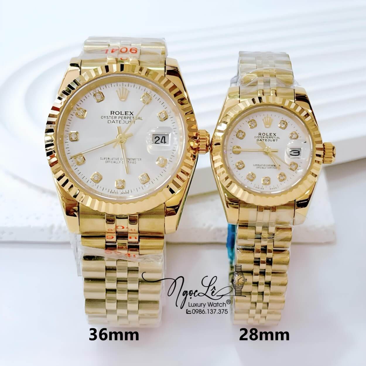 Đồng Hồ Cặp Rolex Datejust Pin Dây Kim Loại Vàng Mặt Trắng Size 36mm -28mm