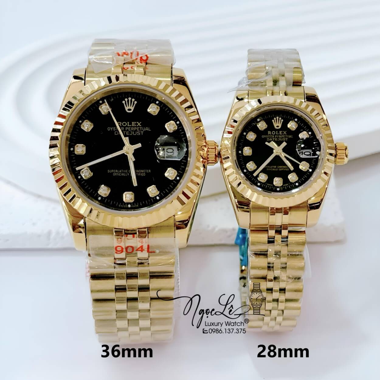 Đồng Hồ Cặp Rolex Datejust Pin Dây Kim Loại Vàng Mặt Đen Size 36mm -28mm