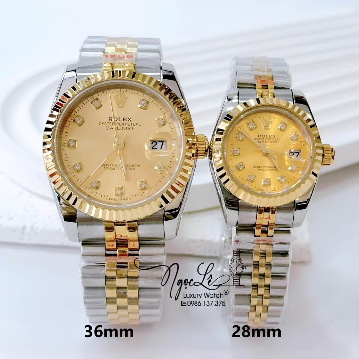 Đồng Hồ Cặp Rolex Datejust Pin Dây Kim Loại Demi Vàng Mặt Vàng Size 36mm -28mm