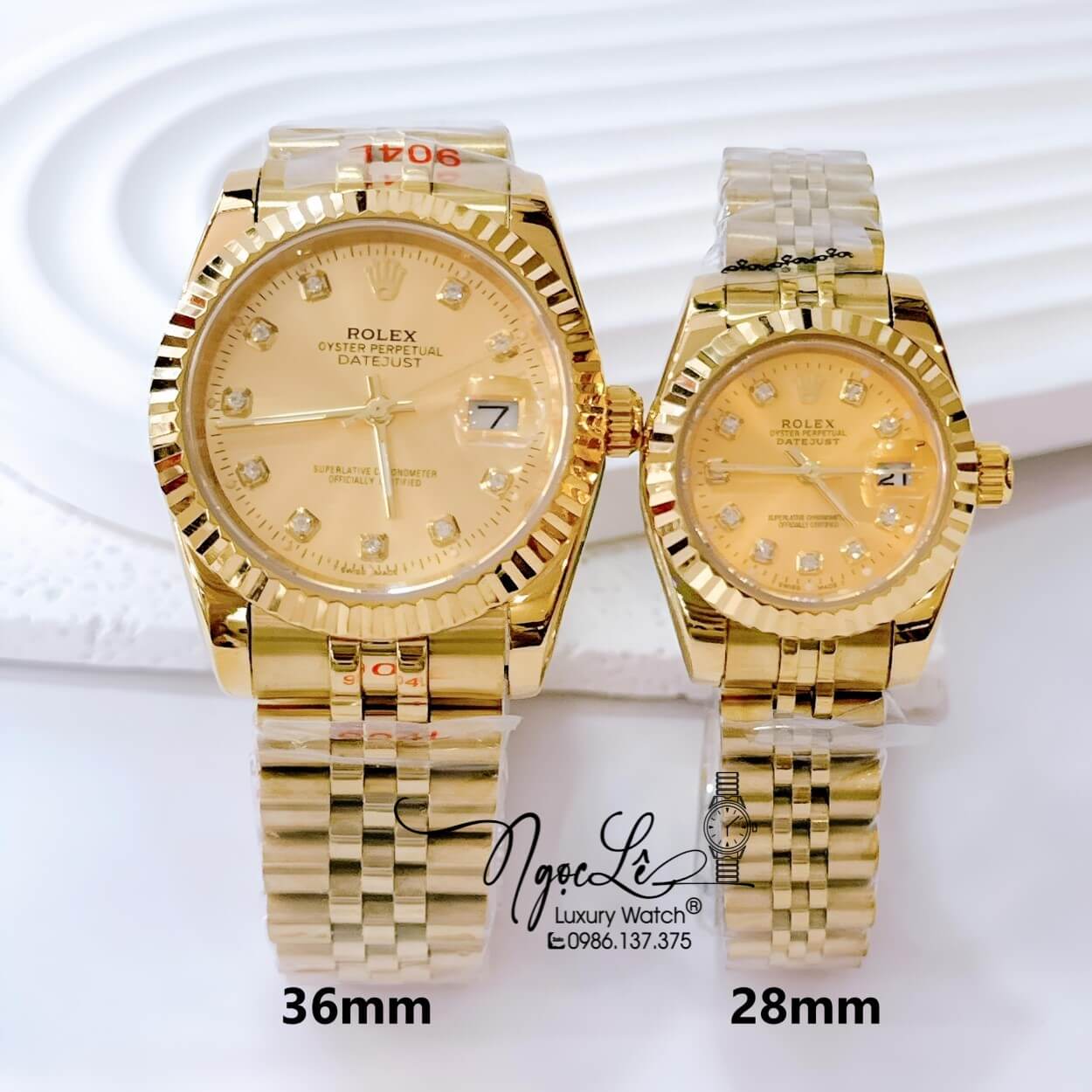 Đồng Hồ Cặp Rolex Datejust Pin Dây Kim Loại Vàng Mặt Vàng Size 36mm -28mm