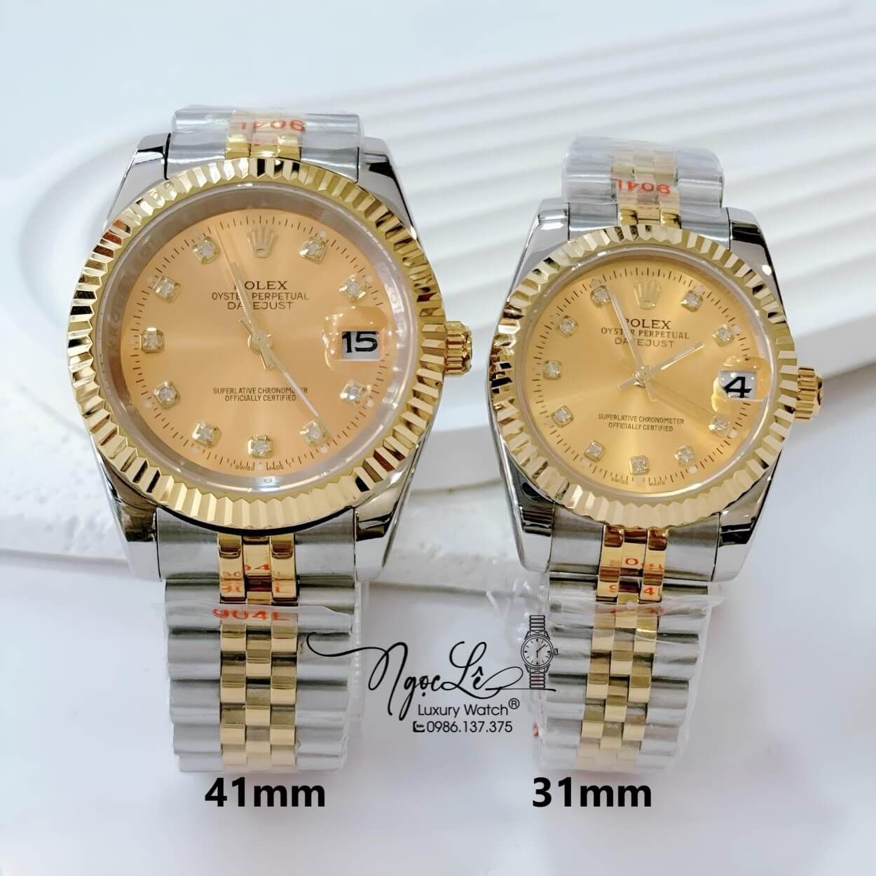Đồng Hồ Cặp Rolex Datejust Pin Dây Kim Loại Demi Vàng Mặt Vàng Size 41mm - 31mm