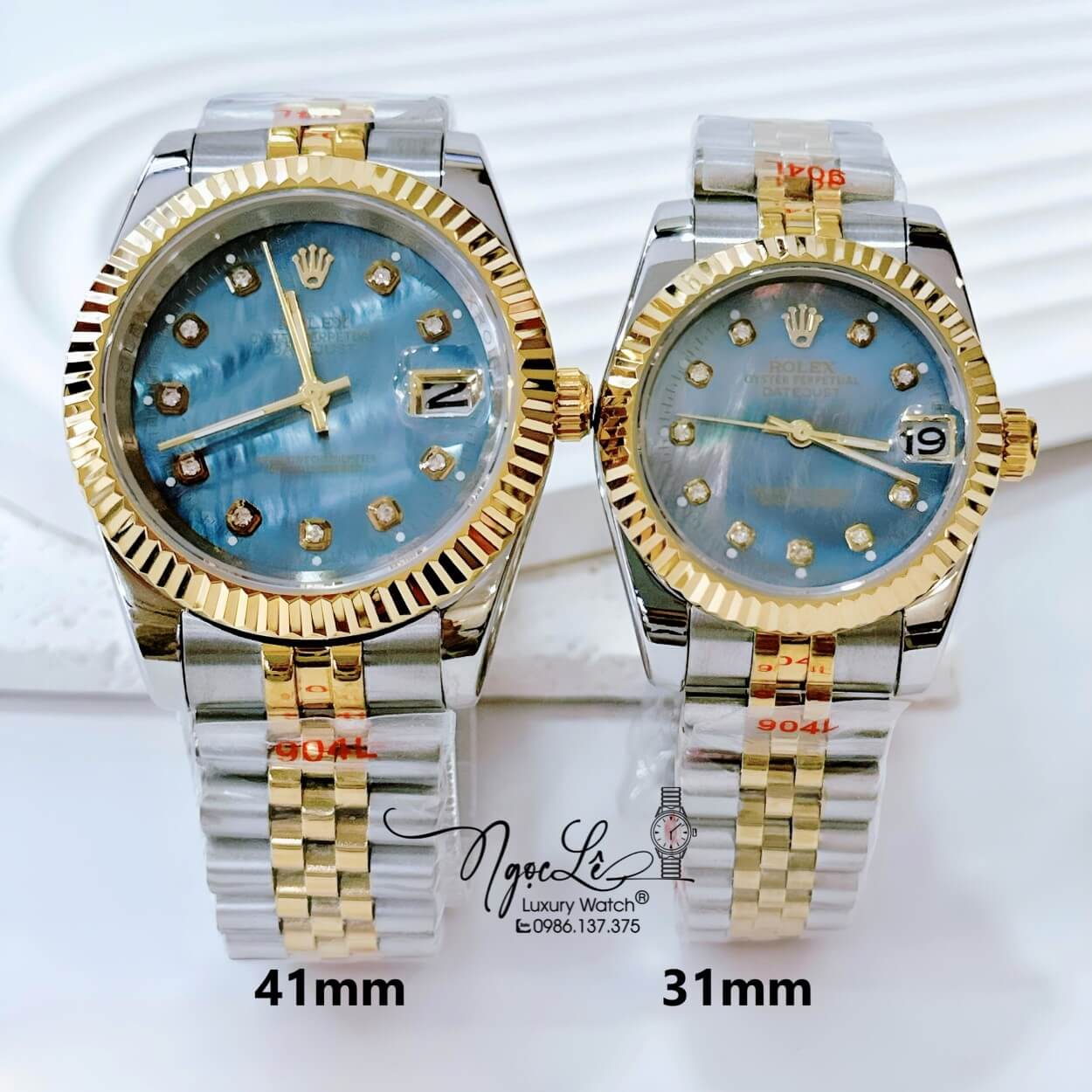 Đồng Hồ Cặp Rolex Datejust Pin Dây Kim Loại Demi Vàng Mặt Xanh Xà Cừ Size 41mm - 31mm