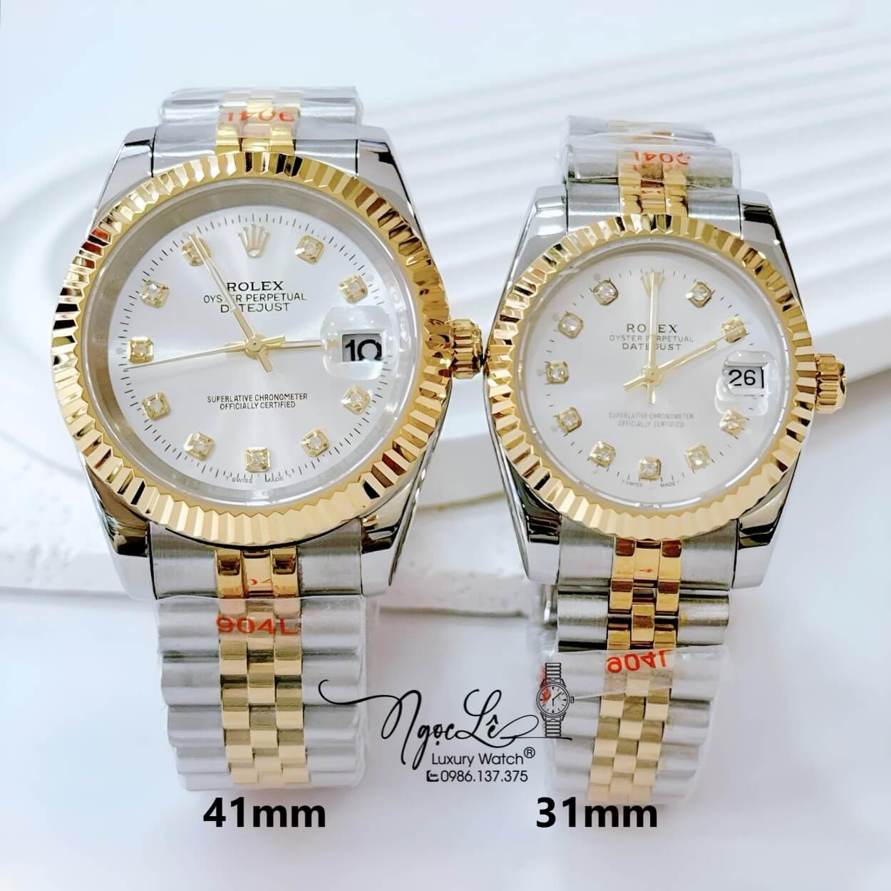 Đồng Hồ Cặp Rolex Datejust Pin Dây Kim Loại Demi Vàng Mặt Trắng Size 41mm - 31mm