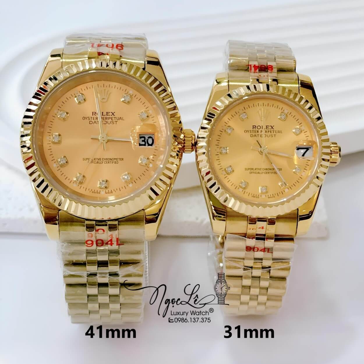 Đồng Hồ Cặp Rolex Datejust Pin Dây Kim Loại Vàng Mặt Vàng Size 41mm - 31mm
