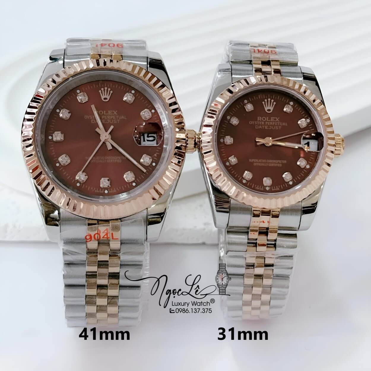 Đồng Hồ Cặp Rolex Datejust Pin Dây Kim Loại Demi Rose Mặt Nâu Size 41mm - 31mm