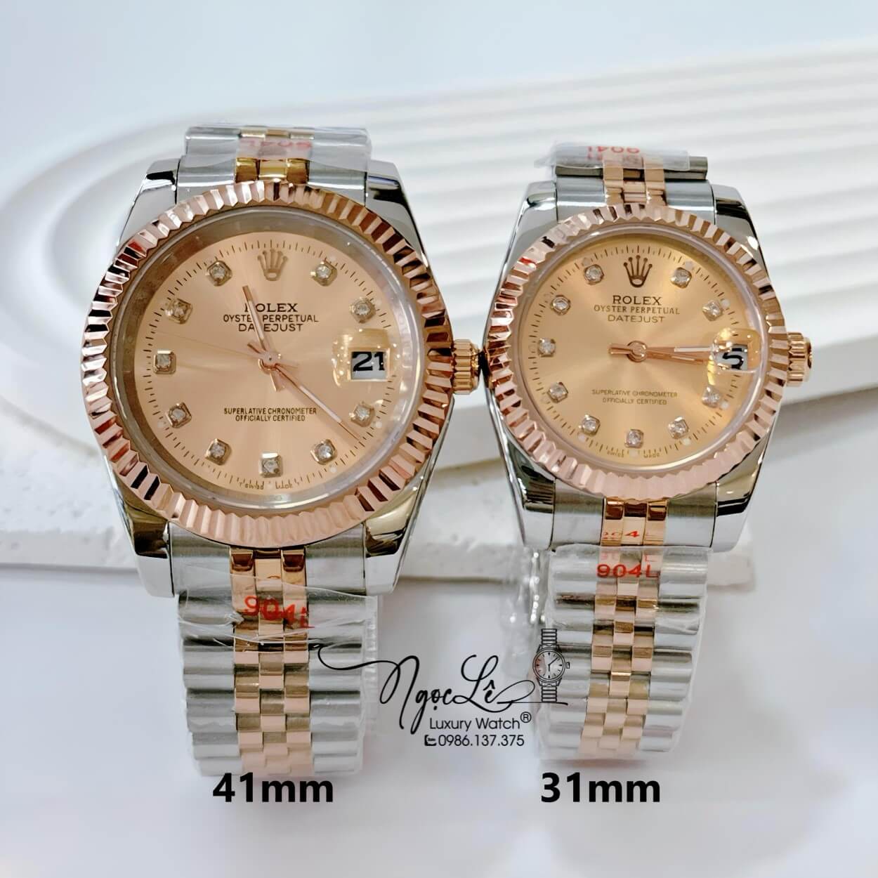 Đồng Hồ Cặp Rolex Datejust Pin Dây Kim Loại Demi Rose Mặt Rose Size 41mm - 31mm