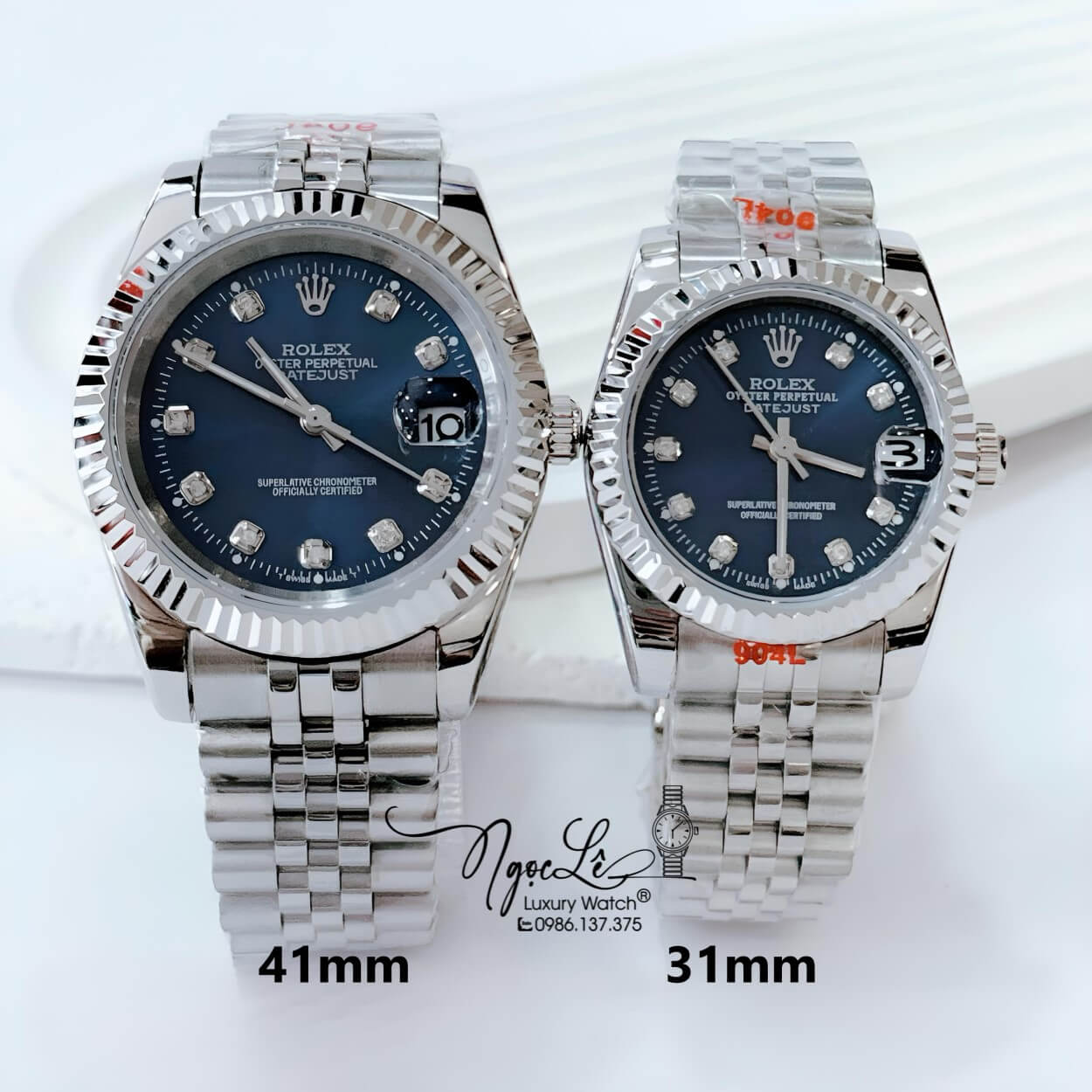 Đồng Hồ Cặp Rolex Datejust Pin Dây Kim Loại Bạc Mặt Xanh Đậm Size 41mm - 31mm