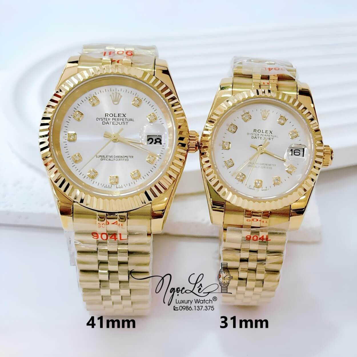 Đồng Hồ Cặp Rolex Datejust Pin Dây Kim Loại Vàng Mặt Trắng Size 41mm - 31mm