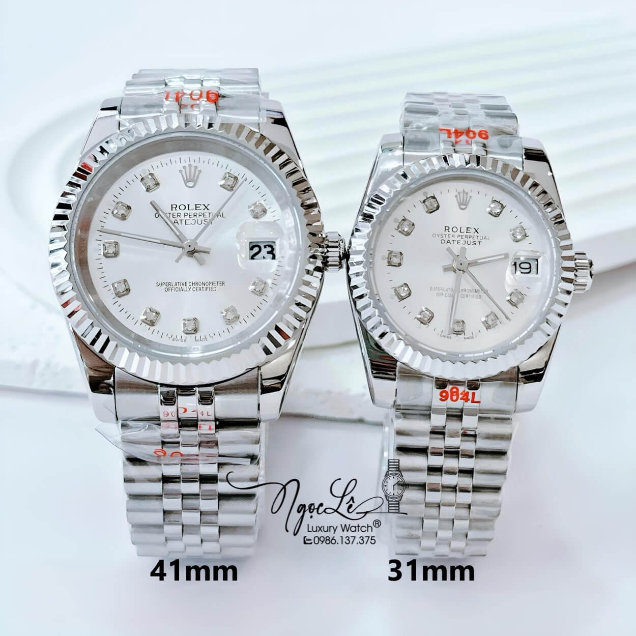 Đồng Hồ Cặp Rolex Datejust Pin Dây Kim Loại Bạc Mặt Trắng Size 41mm - 31mm