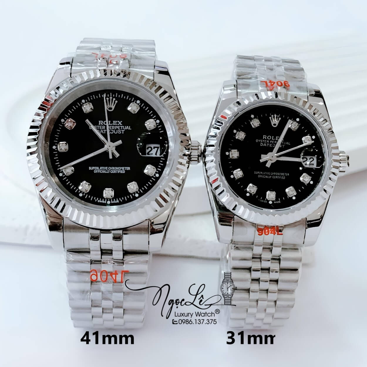 Đồng Hồ Cặp Rolex Datejust Pin Dây Kim Loại Bạc Mặt Đen Size 41mm - 31mm
