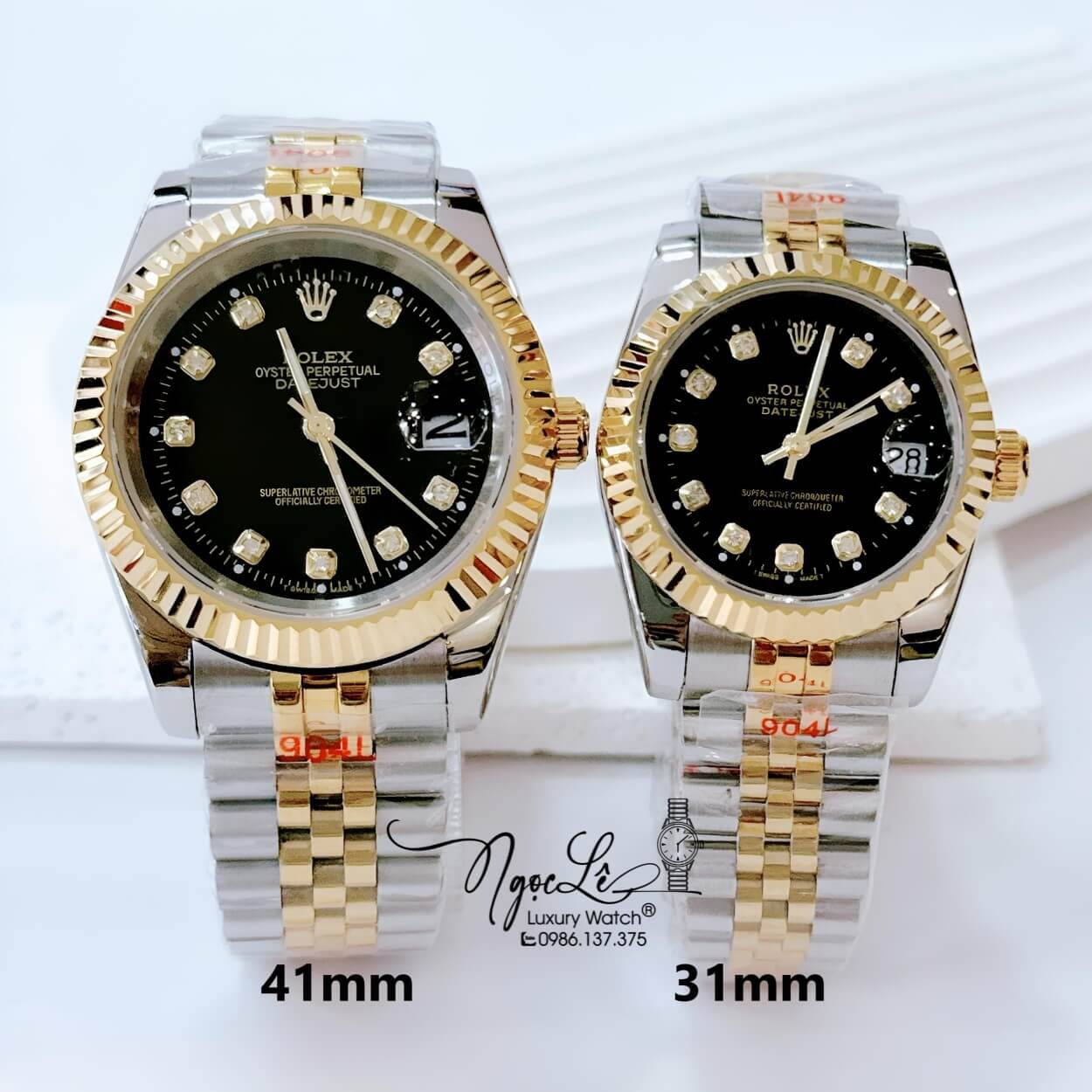 Đồng Hồ Cặp Rolex Datejust Pin Dây Kim Loại Demi Vàng Mặt Đen Size 41mm - 31mm
