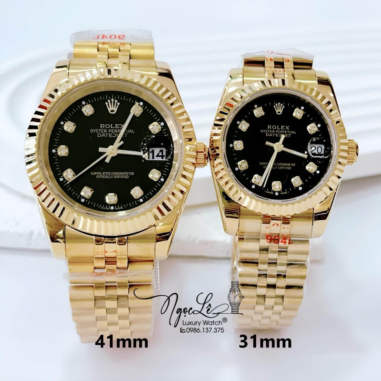 Đồng Hồ Cặp Rolex Datejust Pin Dây Kim Loại Vàng Mặt Đen Size 41mm - 31mm