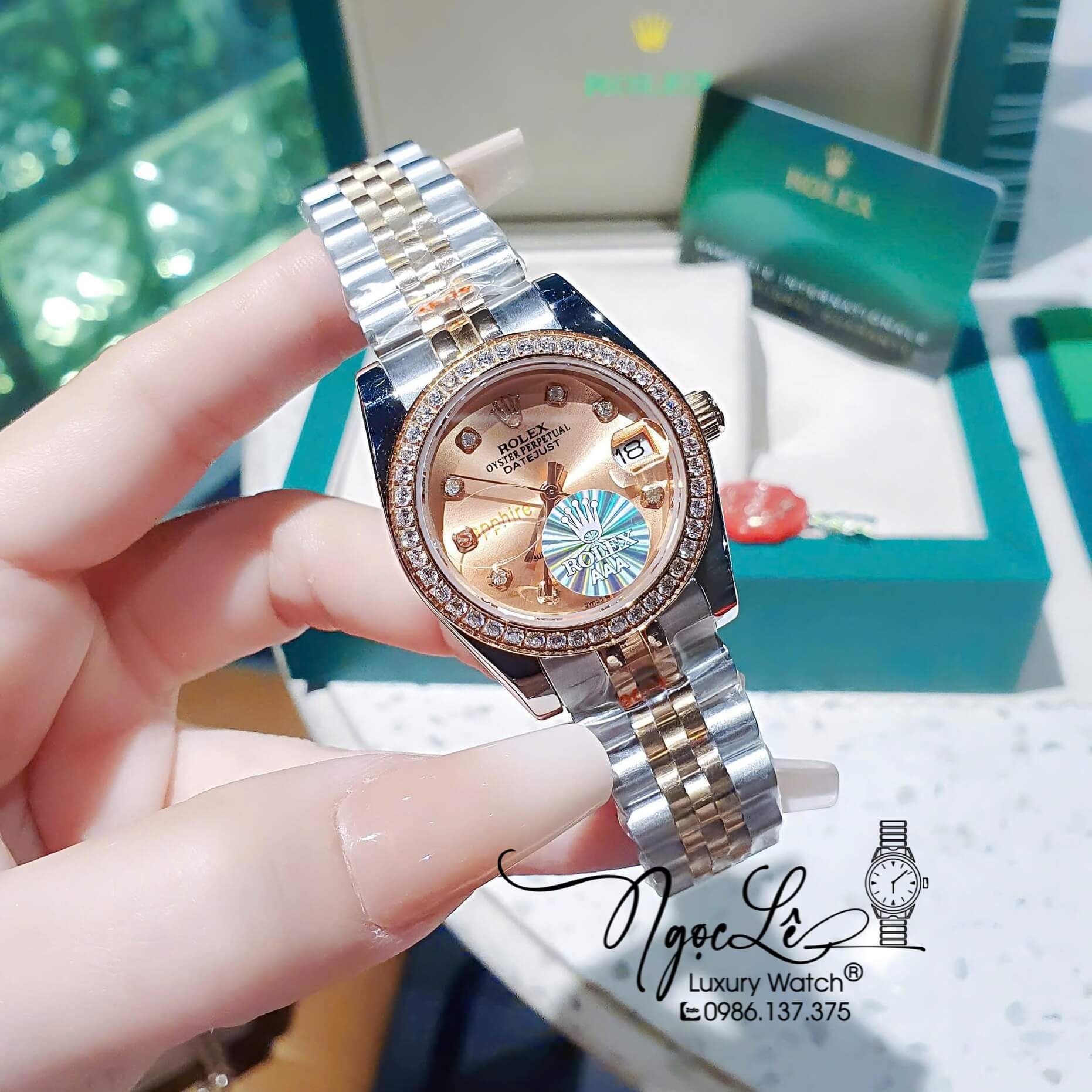 Đồng Hồ Rolex Datejust Pin Dây Demi Vàng Hồng Đính Đá - Mặt Vàng Hồng - 41mm 36mm 31mm