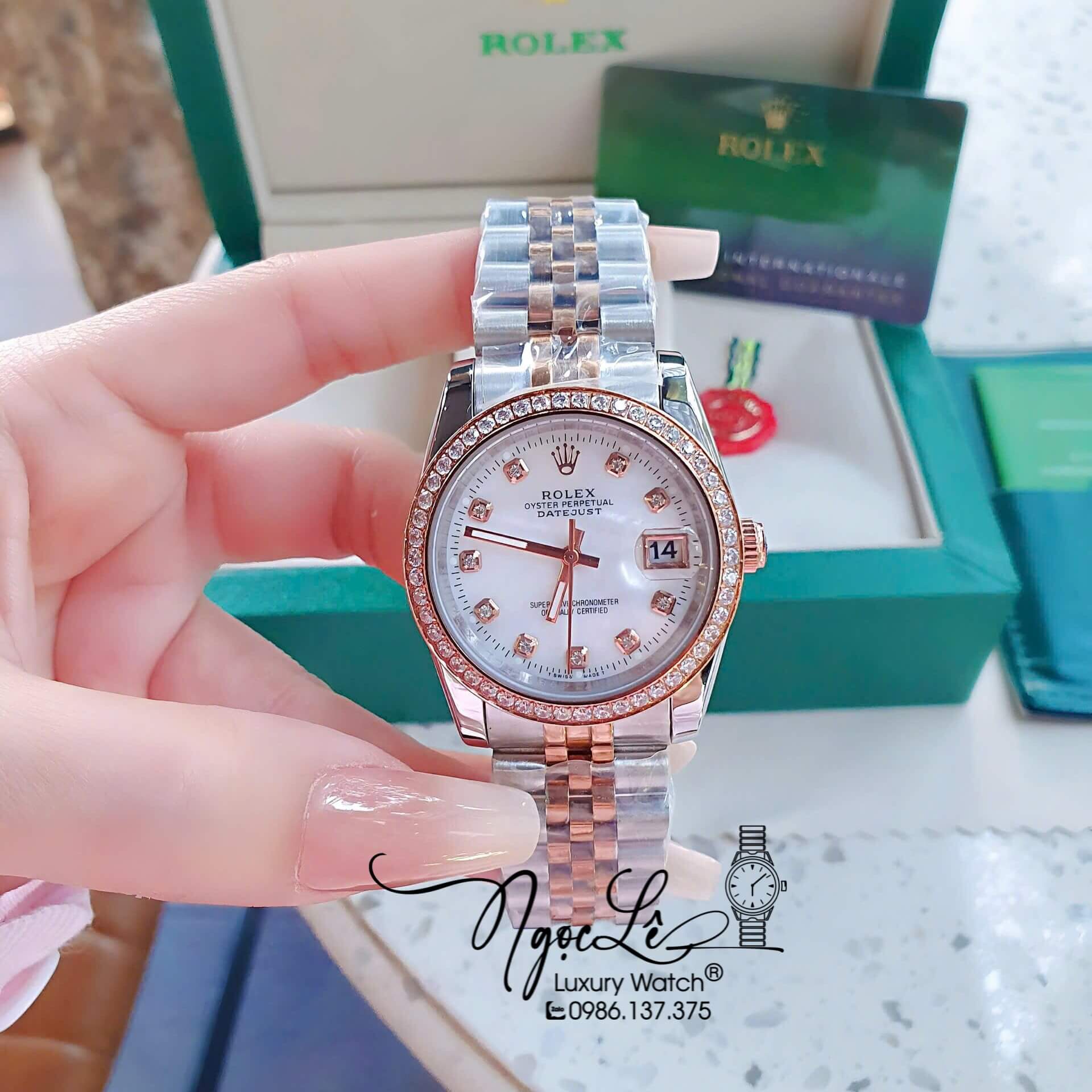 Đồng Hồ Rolex Datejust Pin Demi Vàng Hồng Đính Đá - Mặt Xà Cừ 41mm - 36mm - 31mm