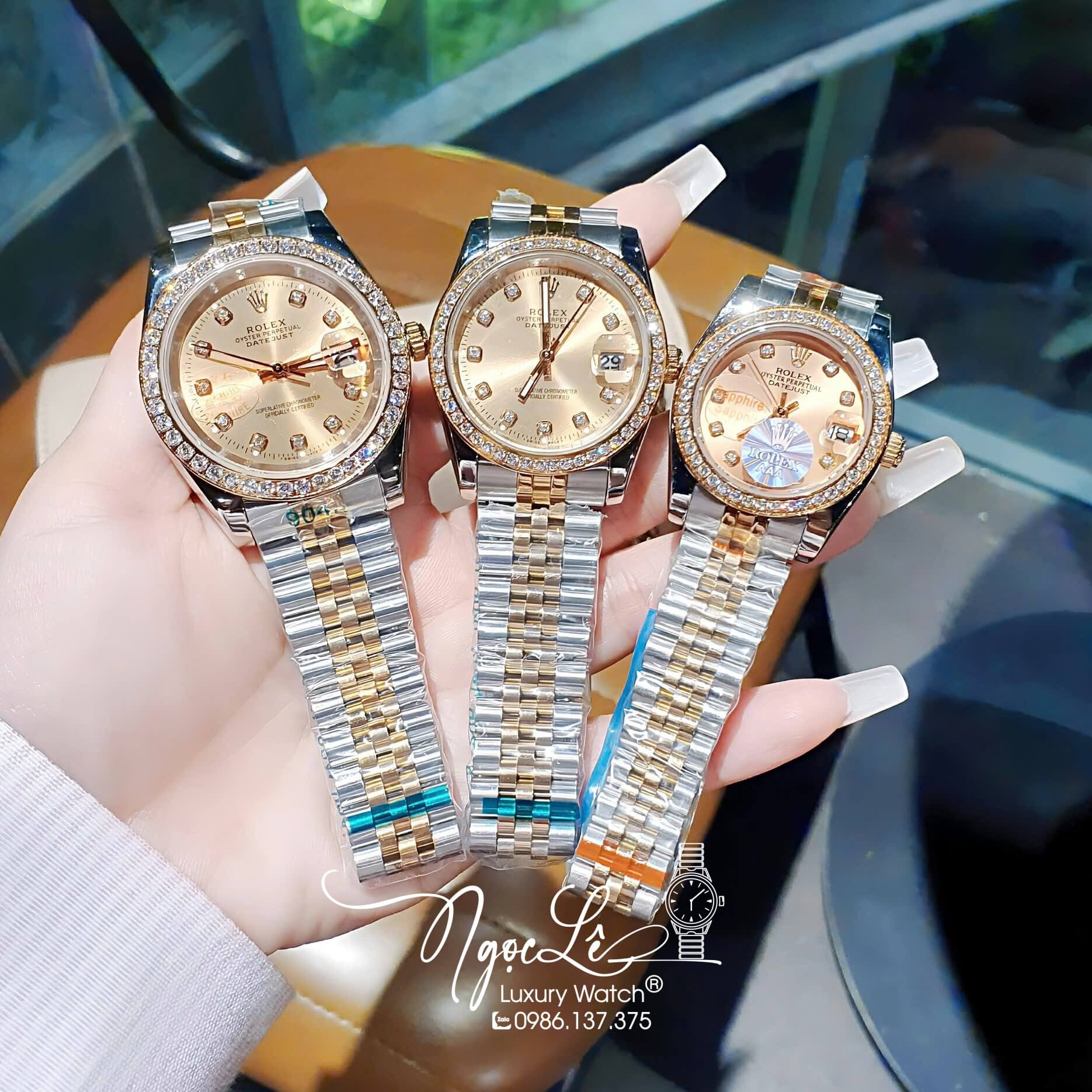 Đồng Hồ Rolex Datejust Pin Dây Demi Vàng Hồng Đính Đá - Mặt Vàng Hồng - 41mm 36mm 31mm