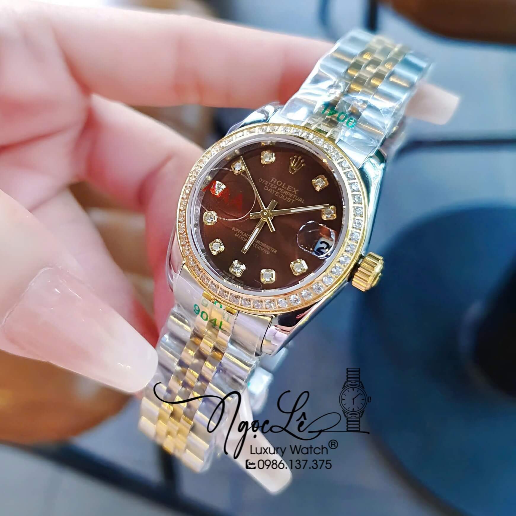 Đồng Hồ Rolex Datejust Pin Dây Demi Vàng Hồng Đính Đá - Mặt Trắng Xà Cừ - 41mm 36mm 31mm