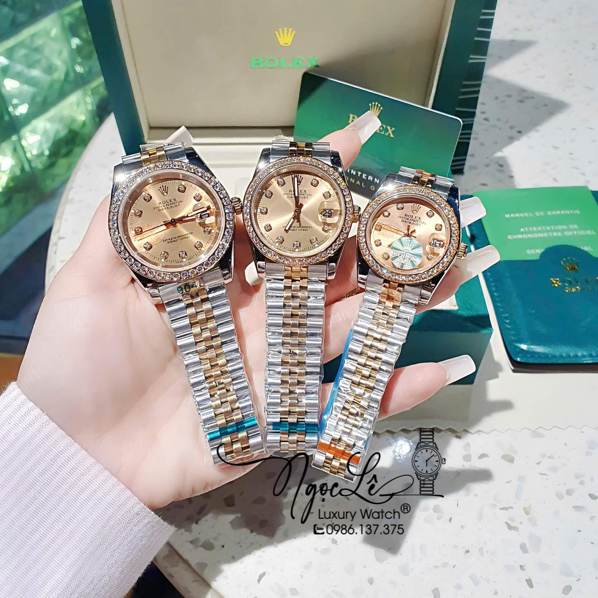 Đồng Hồ Rolex Datejust Pin Dây Demi Vàng Hồng Đính Đá - Mặt Vàng Hồng - 41mm 36mm 31mm