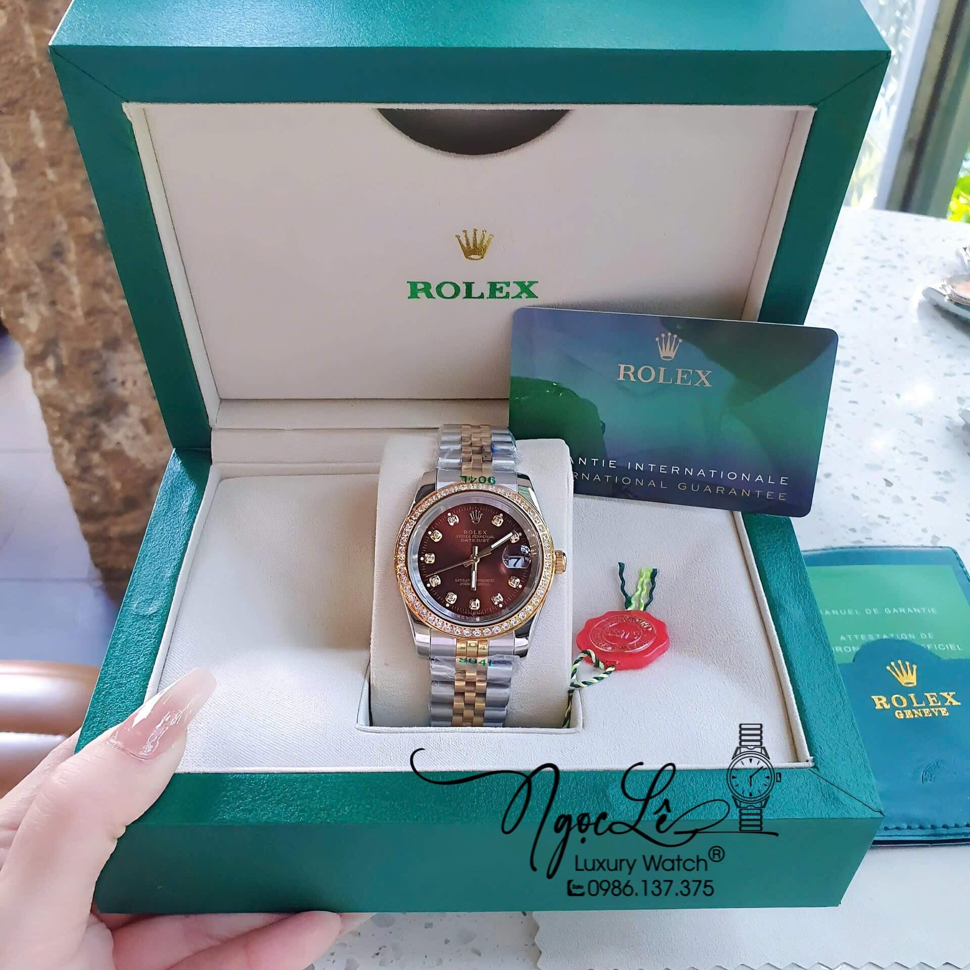Đồng Hồ Rolex Datejust Pin Dây Demi Vàng Hồng Đính Đá - Mặt Trắng Xà Cừ - 41mm 36mm 31mm
